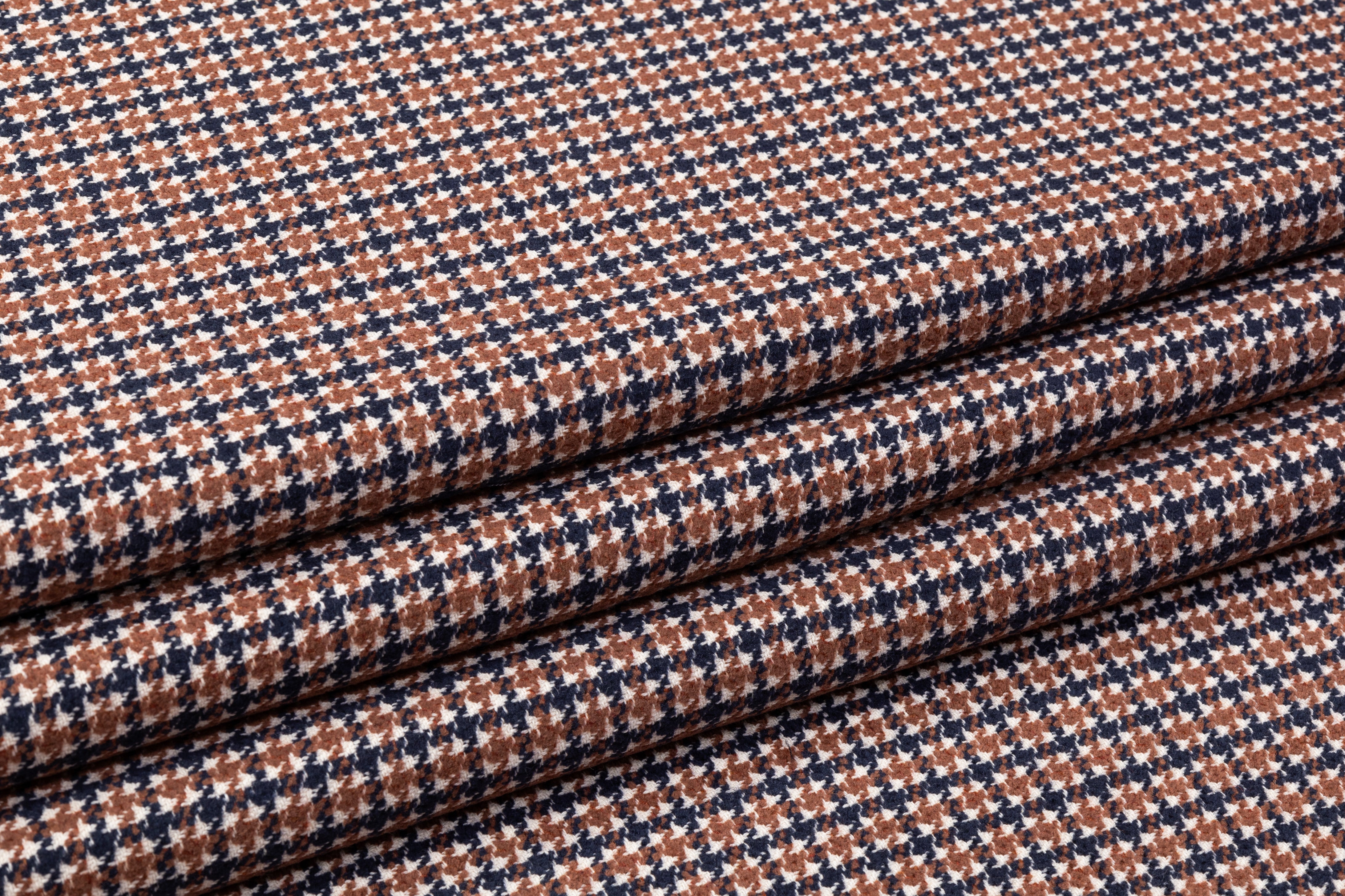 Houndstooth Italian Wool Cotton Tweed - Navy / Brown / White