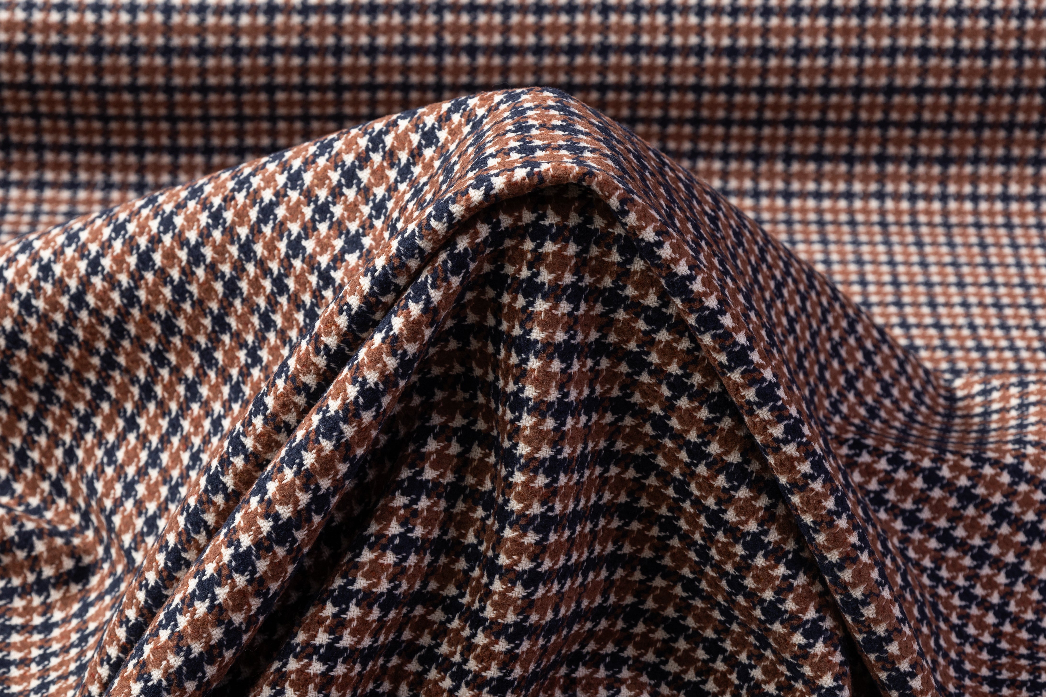 Houndstooth Italian Wool Cotton Tweed - Navy / Brown / White