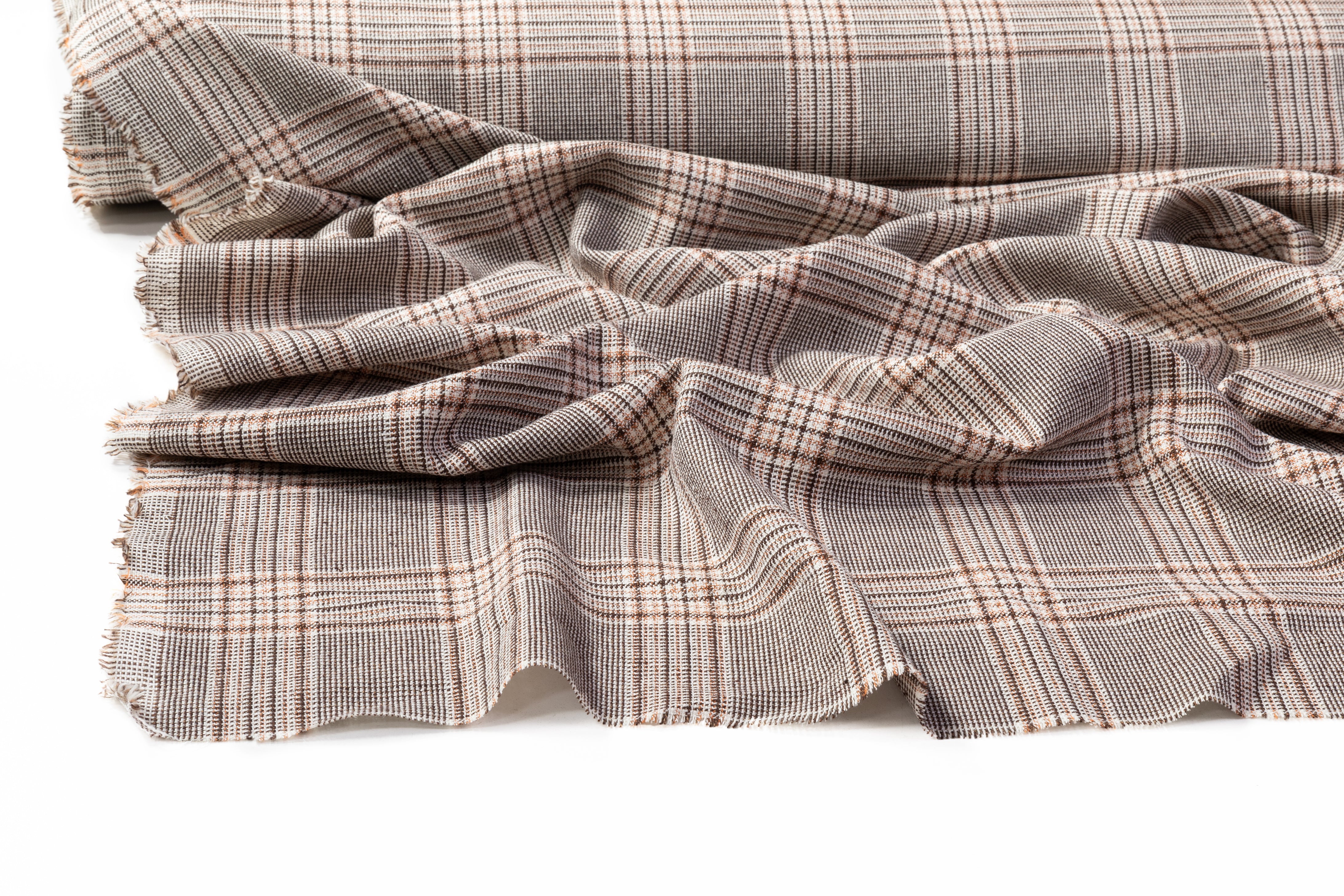 Checked Italian Wool Linen Silk - Brown / Orange / Off White
