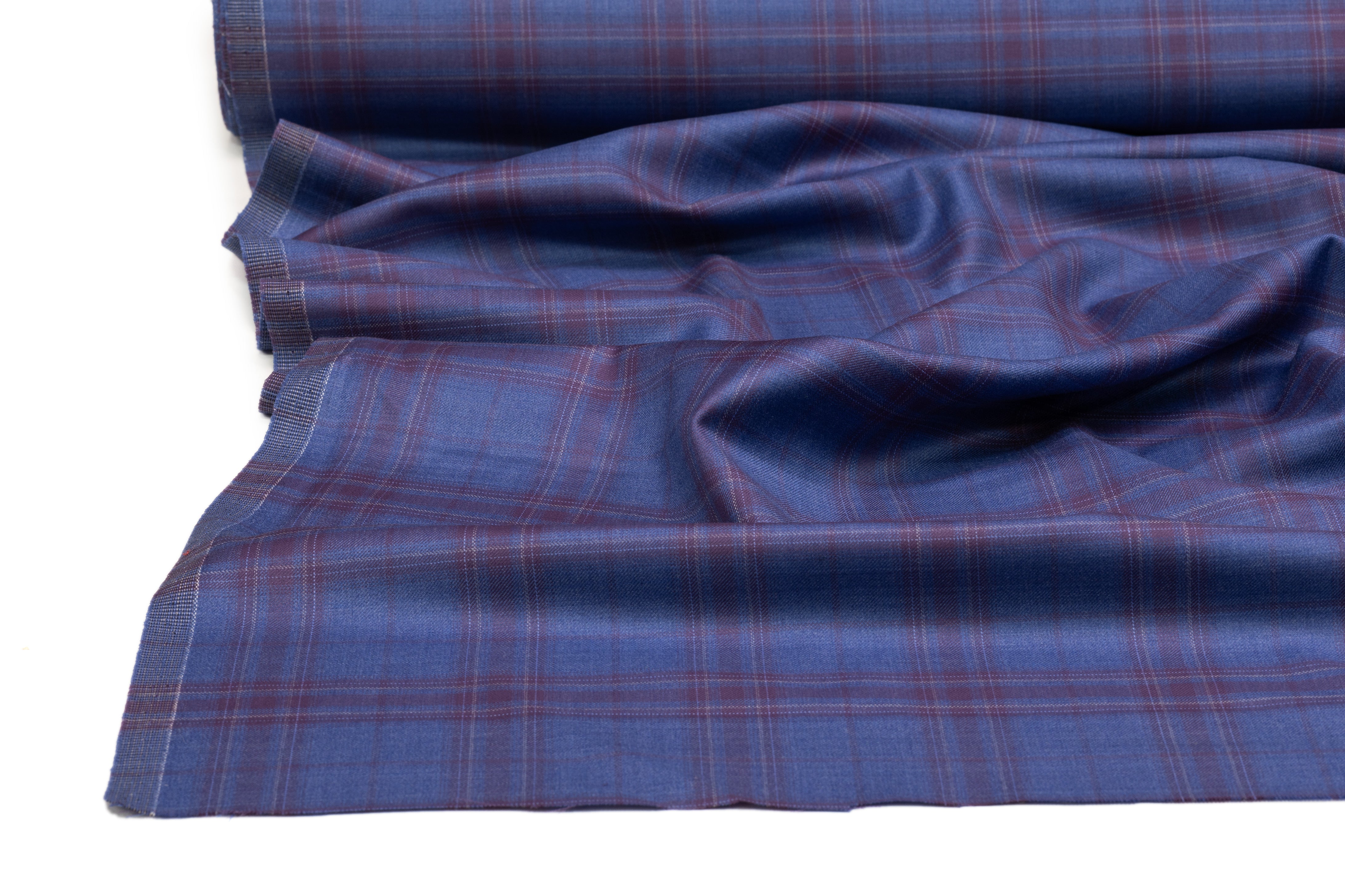 Plaid Italian Super 130s Wool Suiting - Blue / Plum