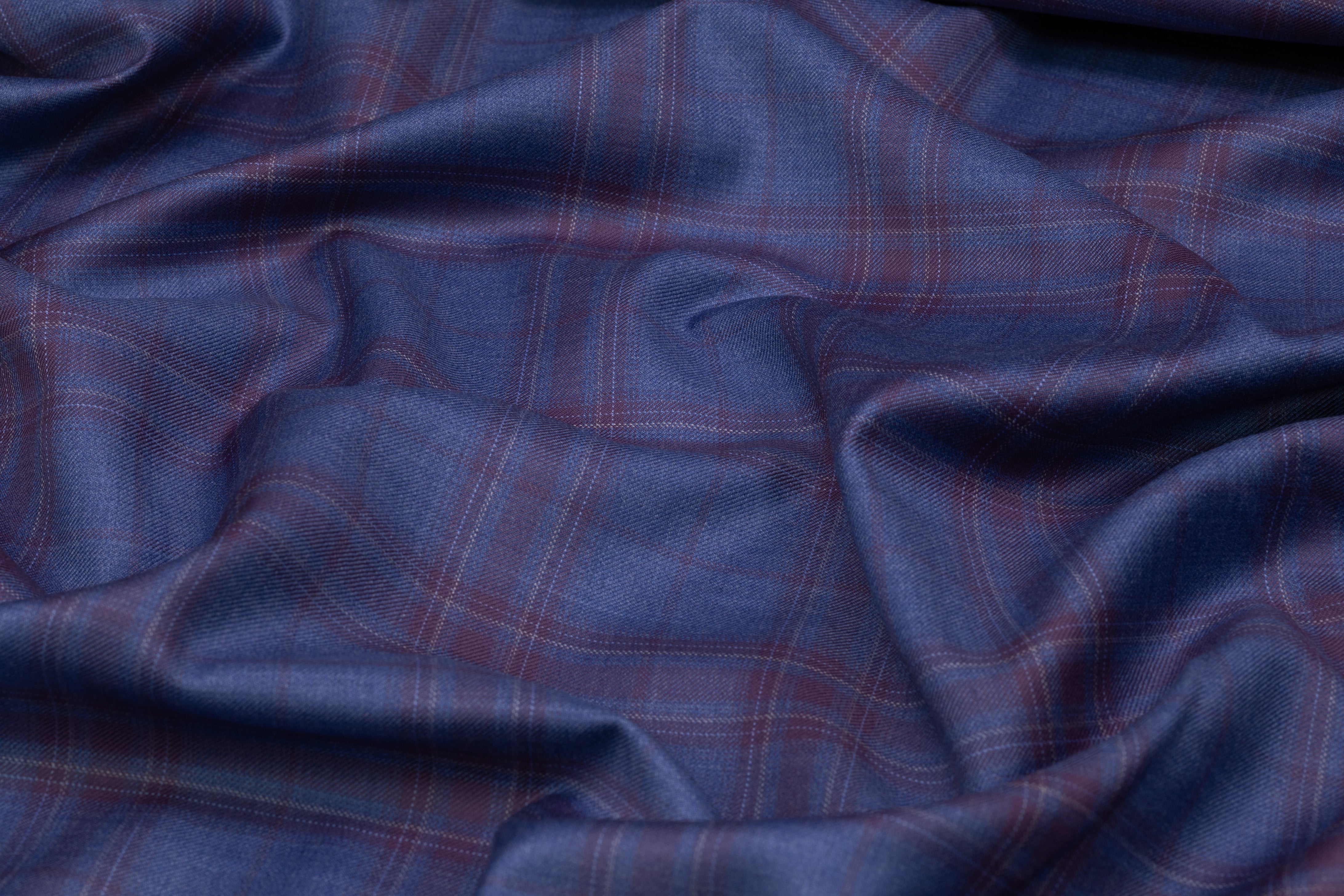 Plaid Italian Super 130s Wool Suiting - Blue / Plum