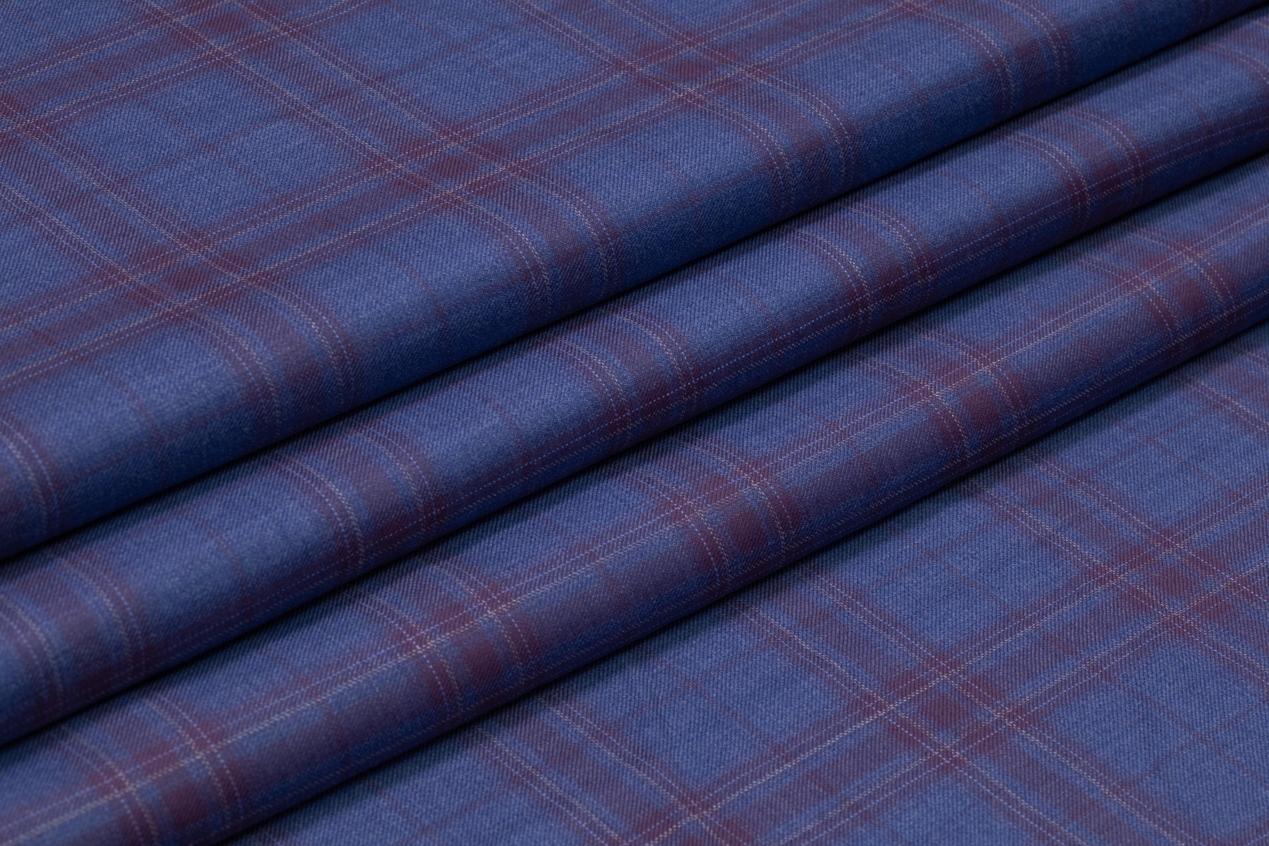 Plaid Italian Super 130s Wool Suiting - Blue / Plum