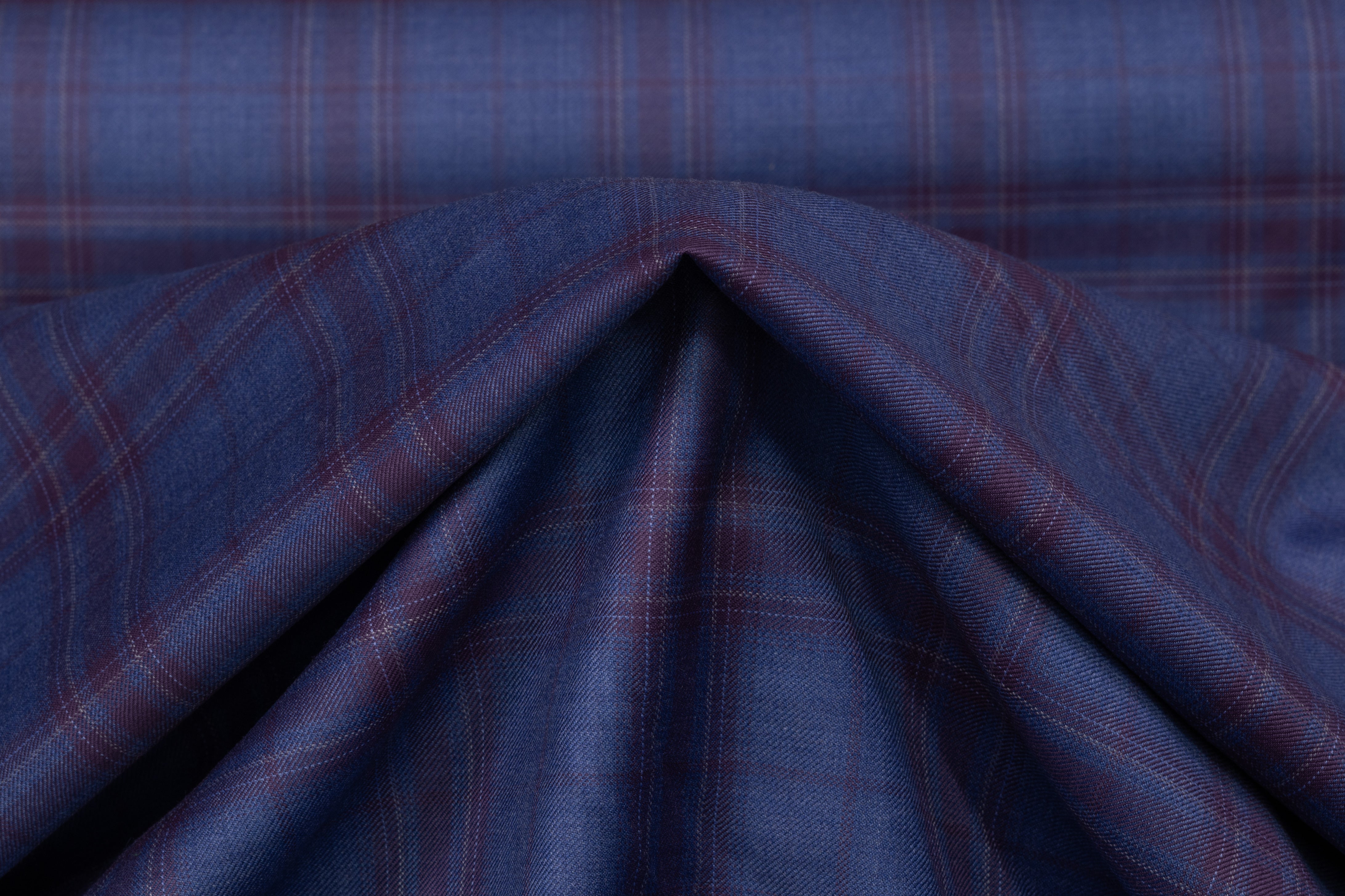 Plaid Italian Super 130s Wool Suiting - Blue / Plum