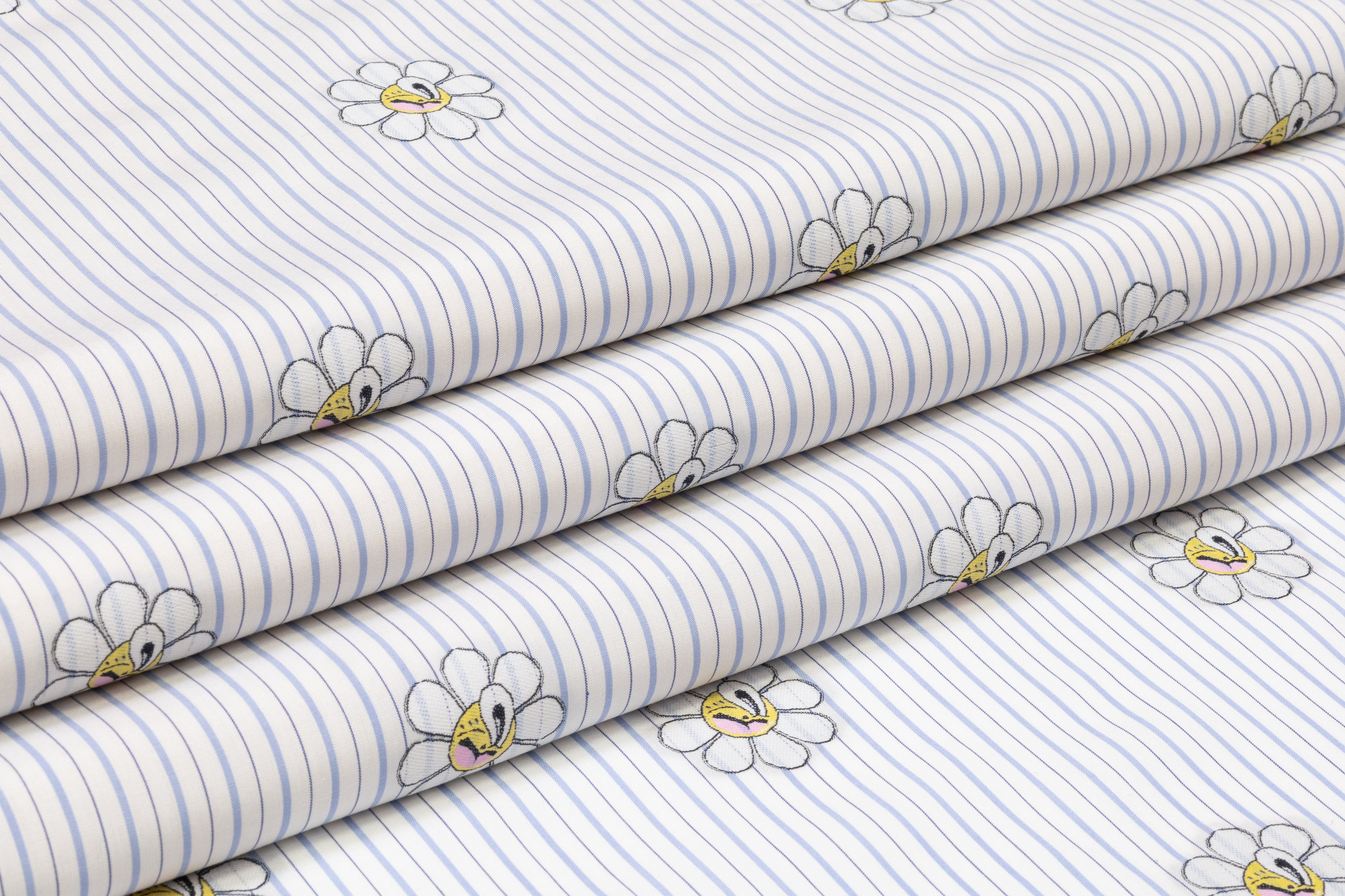 Embroidered Italian Cotton Shirting - White / Blue