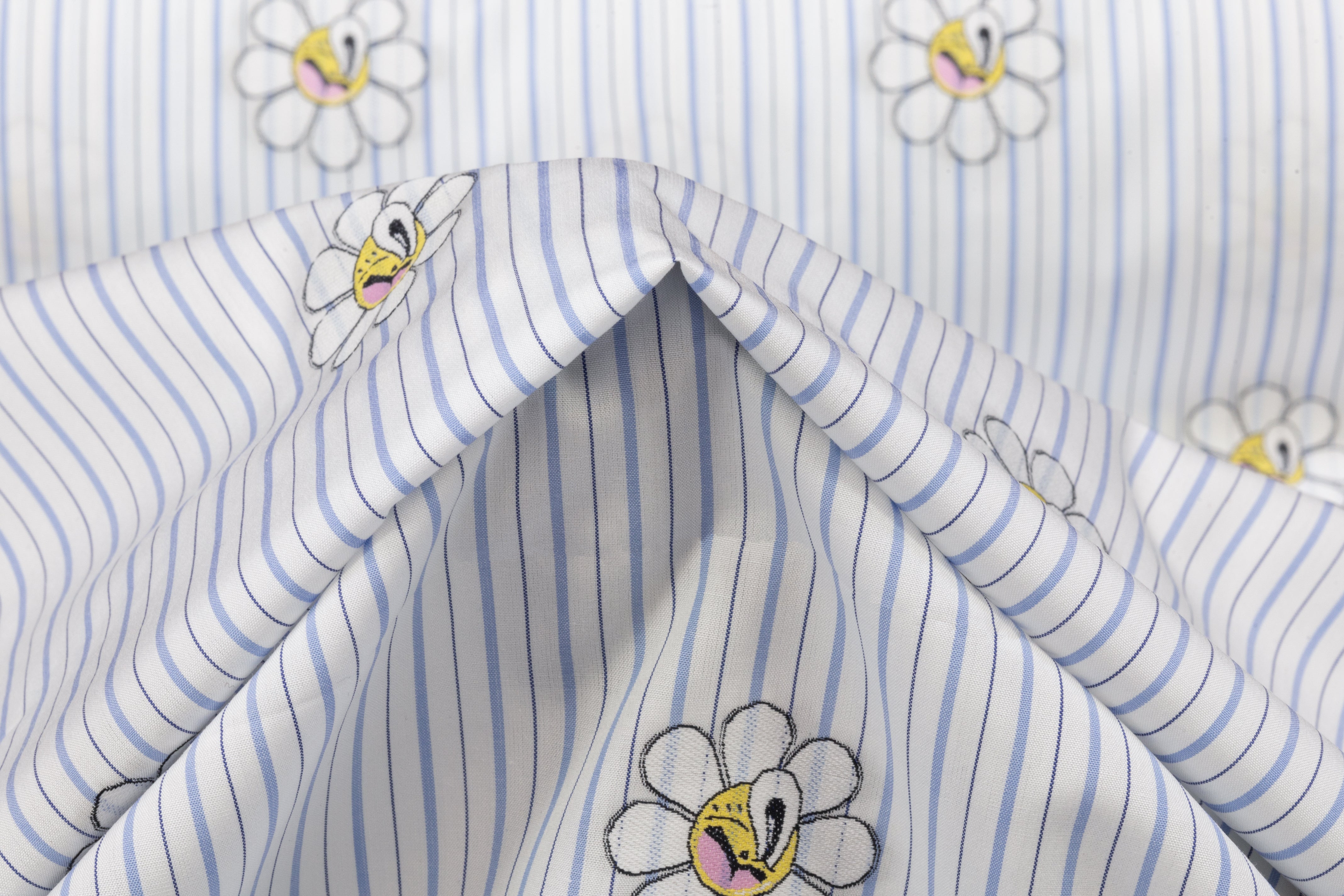 Embroidered Italian Cotton Shirting - White / Blue