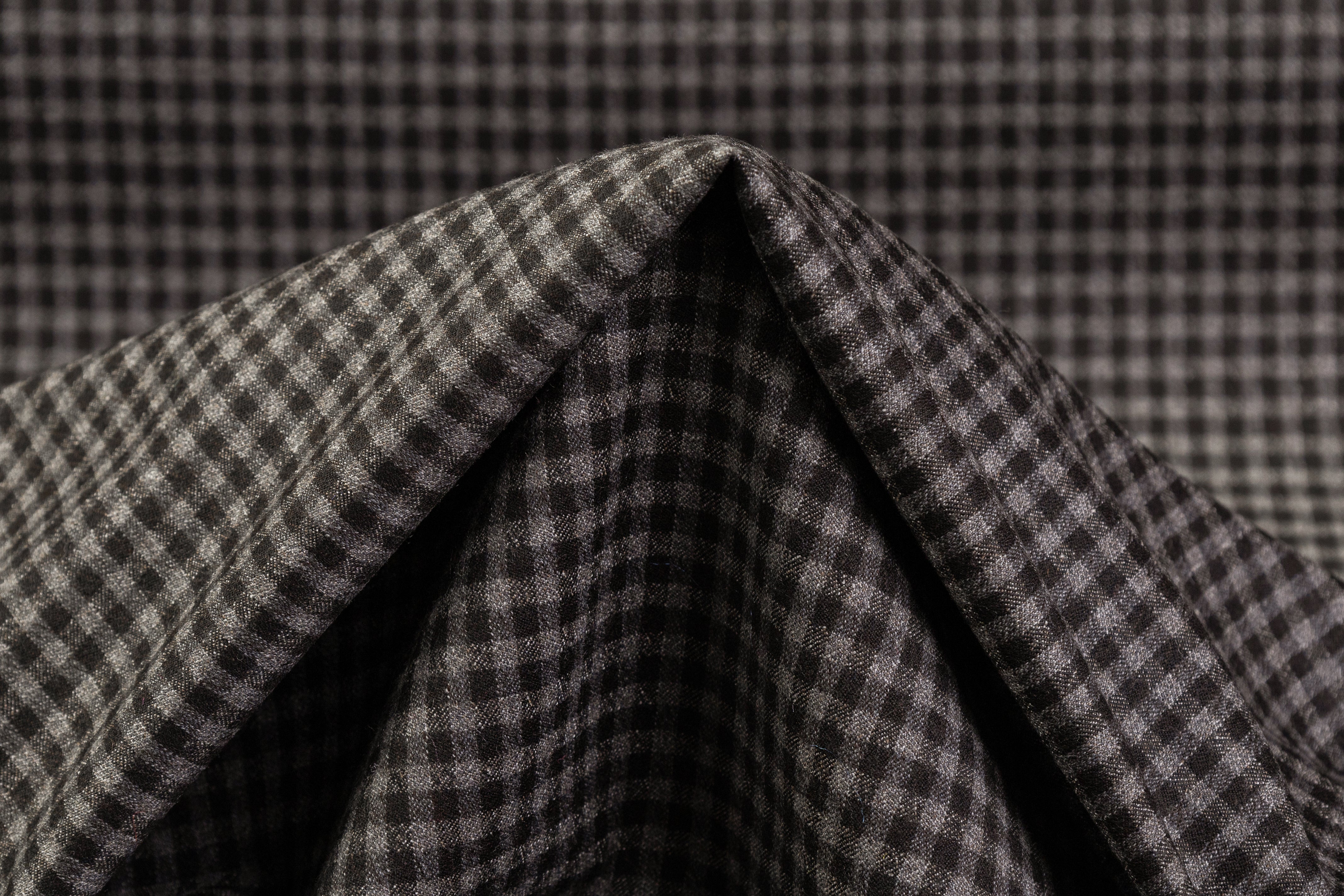 Gingham Checked Italian Wool Suiting - Gray / Dark Brown