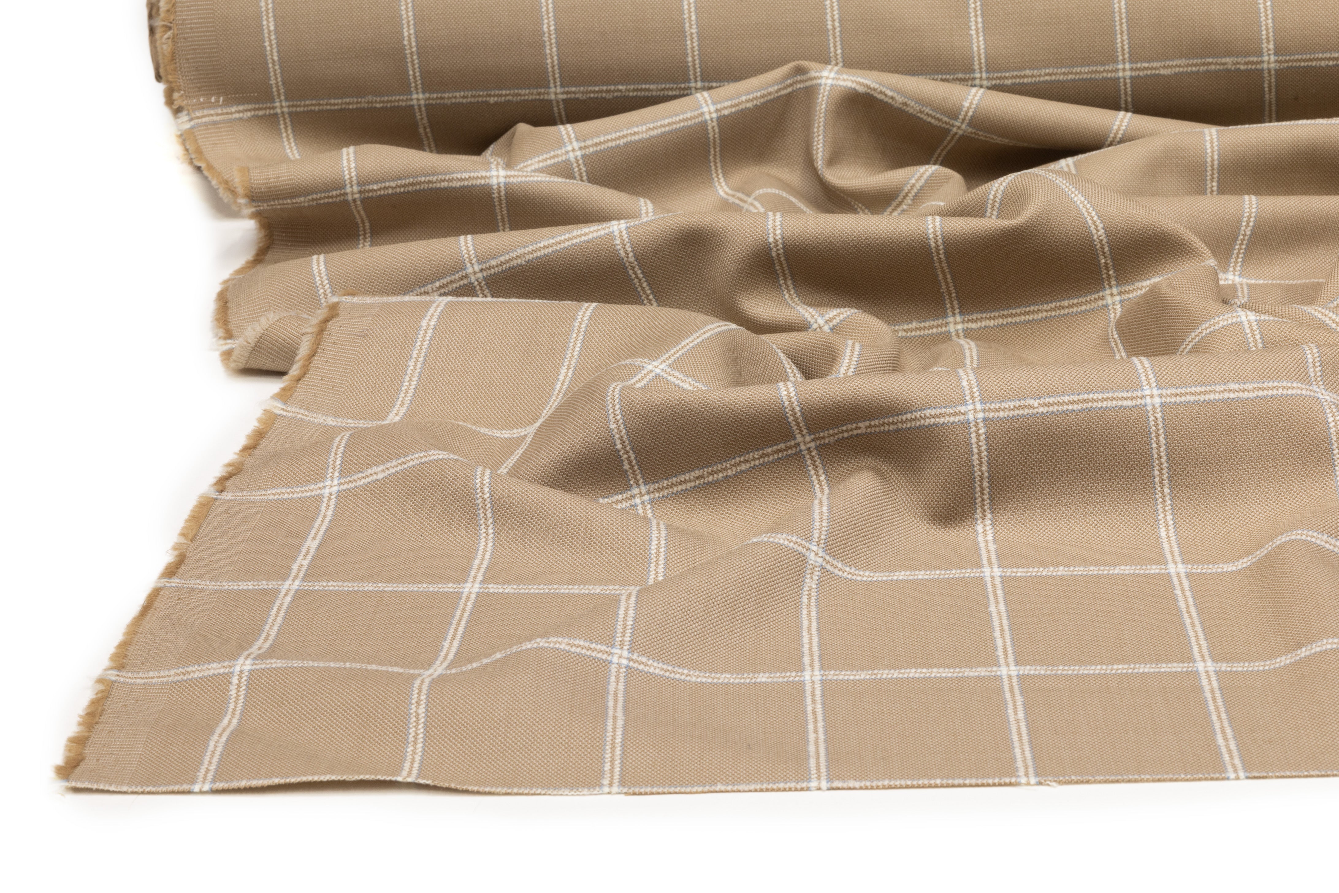 Textured Windowpane Italian Wool Suiting - Taupe / White / Blue