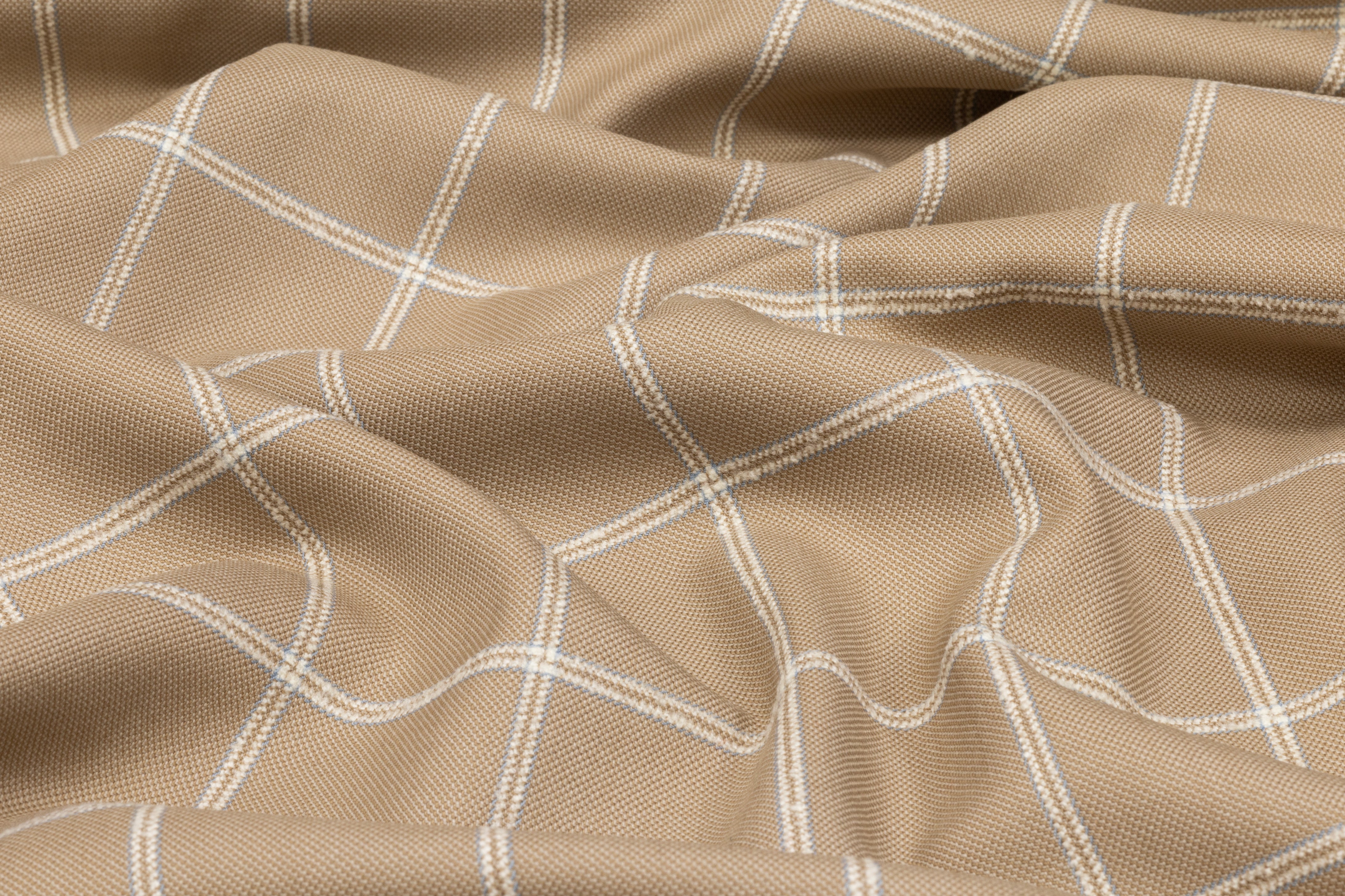 Textured Windowpane Italian Wool Suiting - Taupe / White / Blue