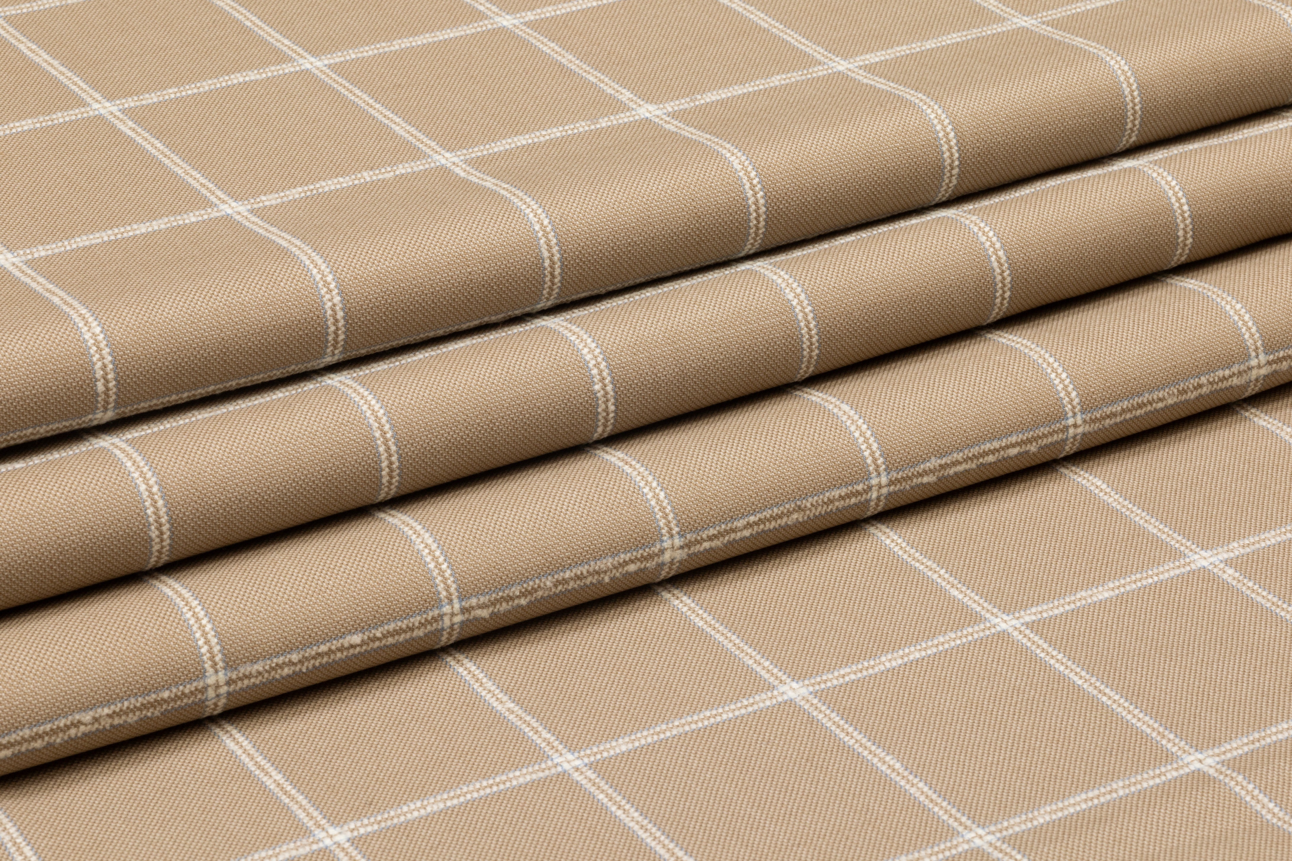 Textured Windowpane Italian Wool Suiting - Taupe / White / Blue