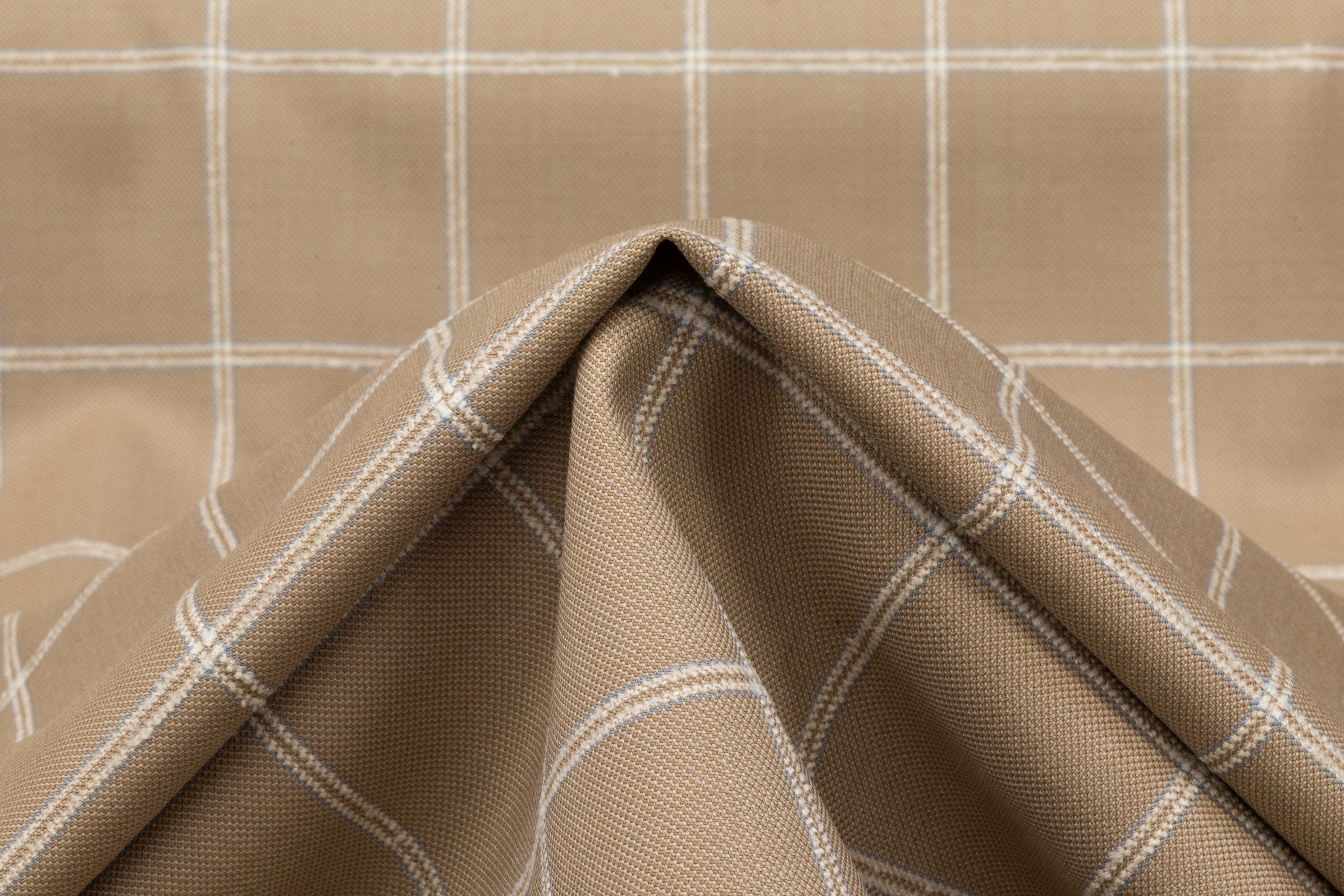 Textured Windowpane Italian Wool Suiting - Taupe / White / Blue