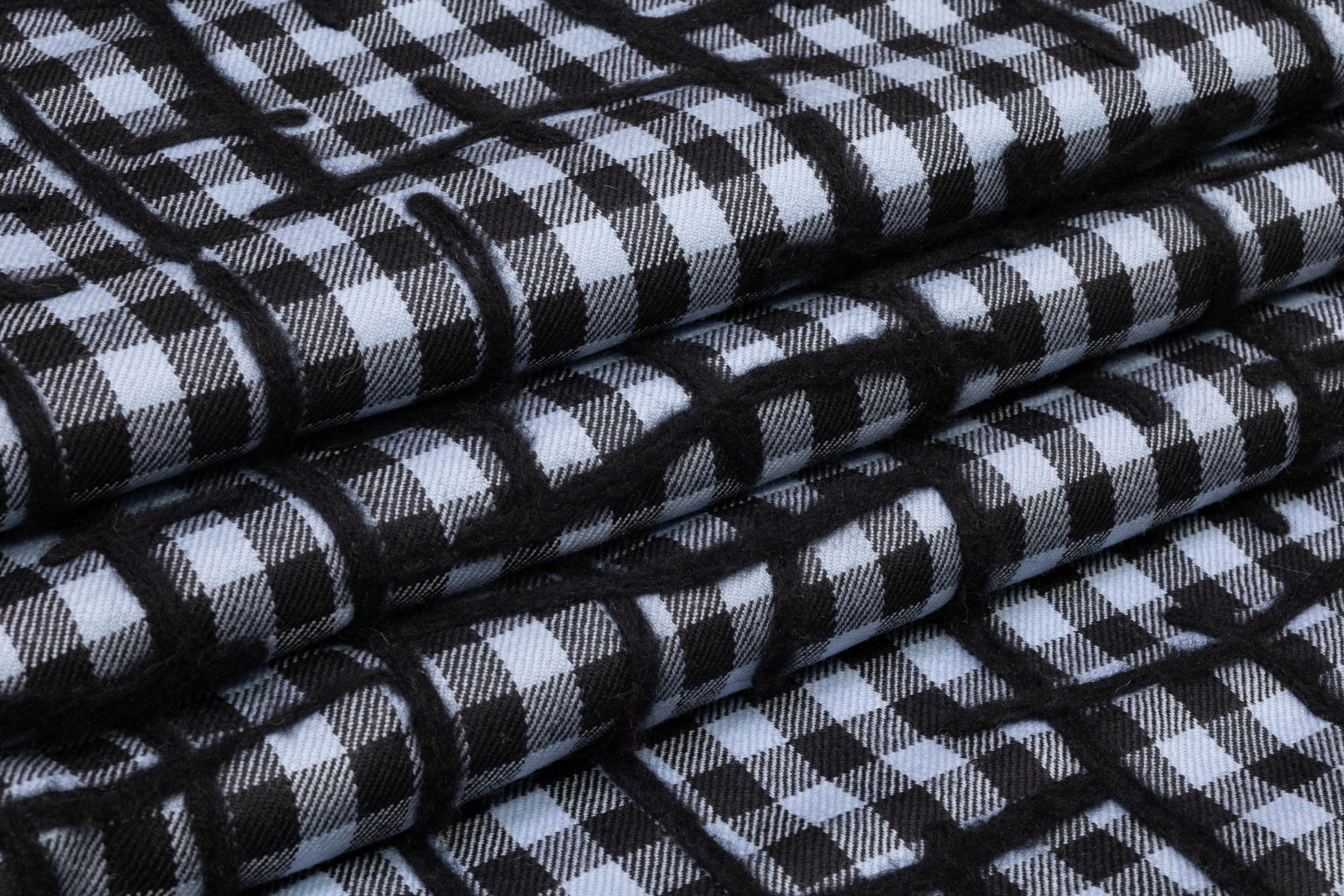 Abstract Embroidered Checked Italian Wool - Black / Blue