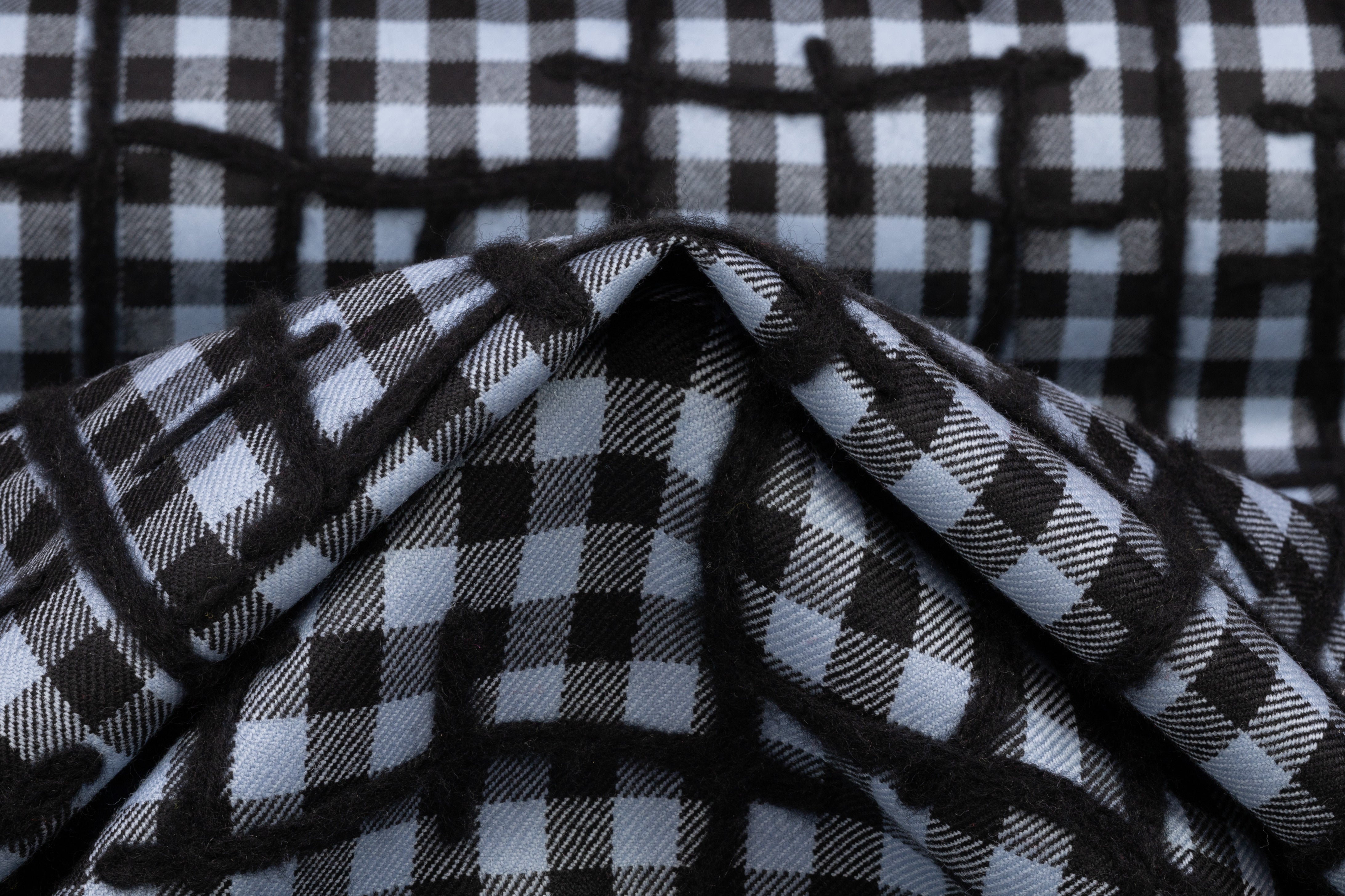 Abstract Embroidered Checked Italian Wool - Black / Blue