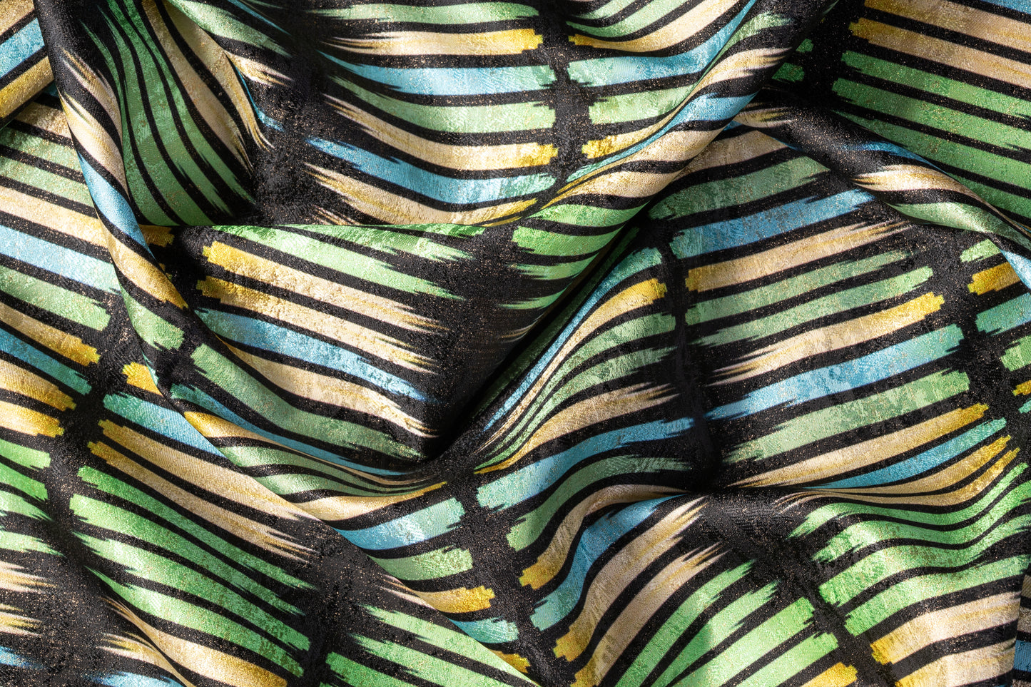 Streak Printed Metallic Brocade - Green / Blue / Yellow