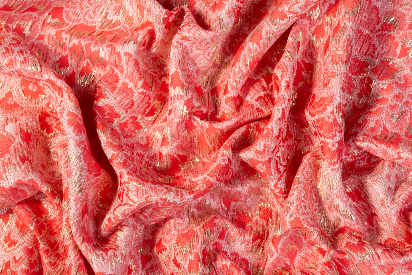 Floral Crushed Metallic Brocade - Coral Pink / Gold