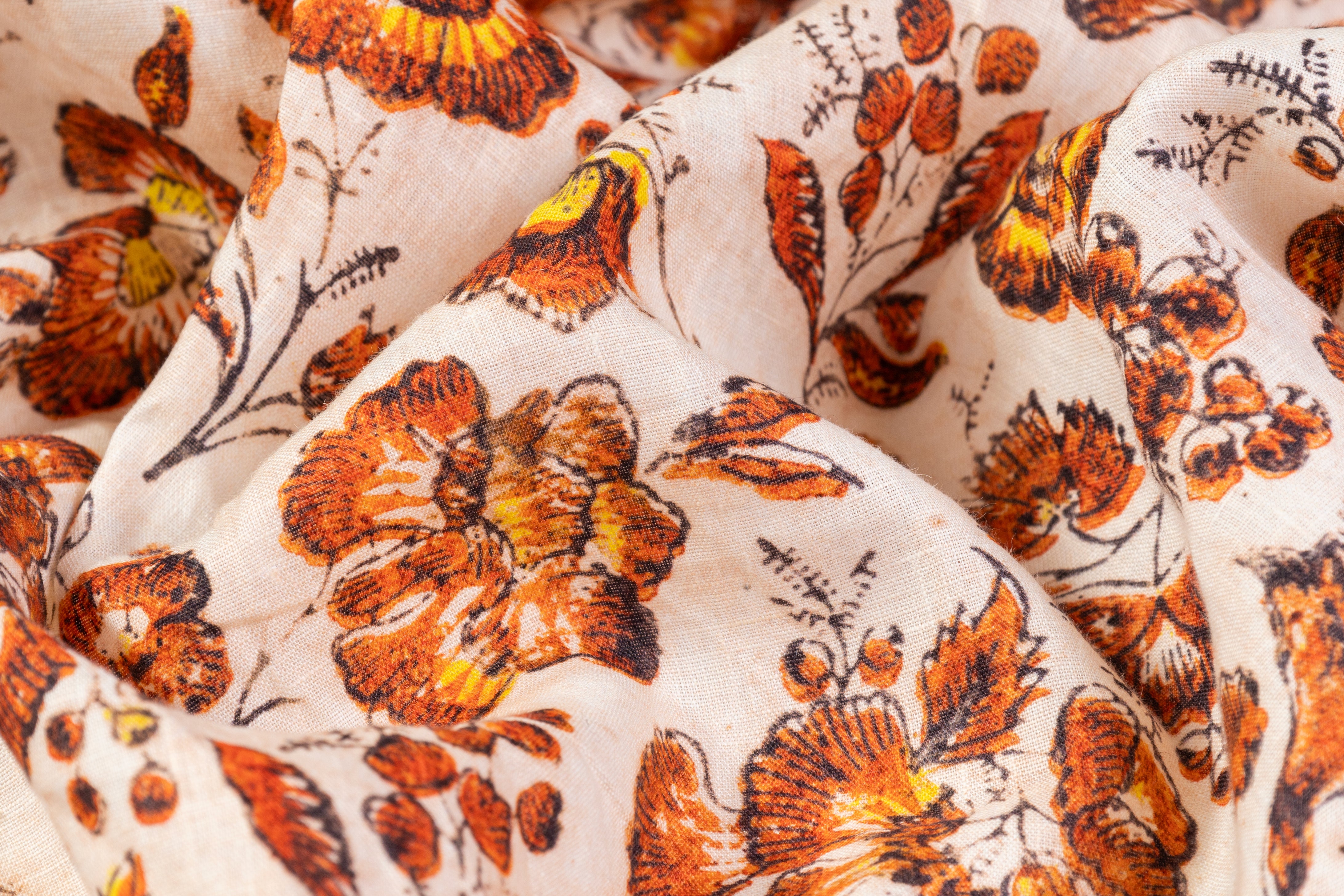 Floral Italian Linen - Off White / Burnt Orange