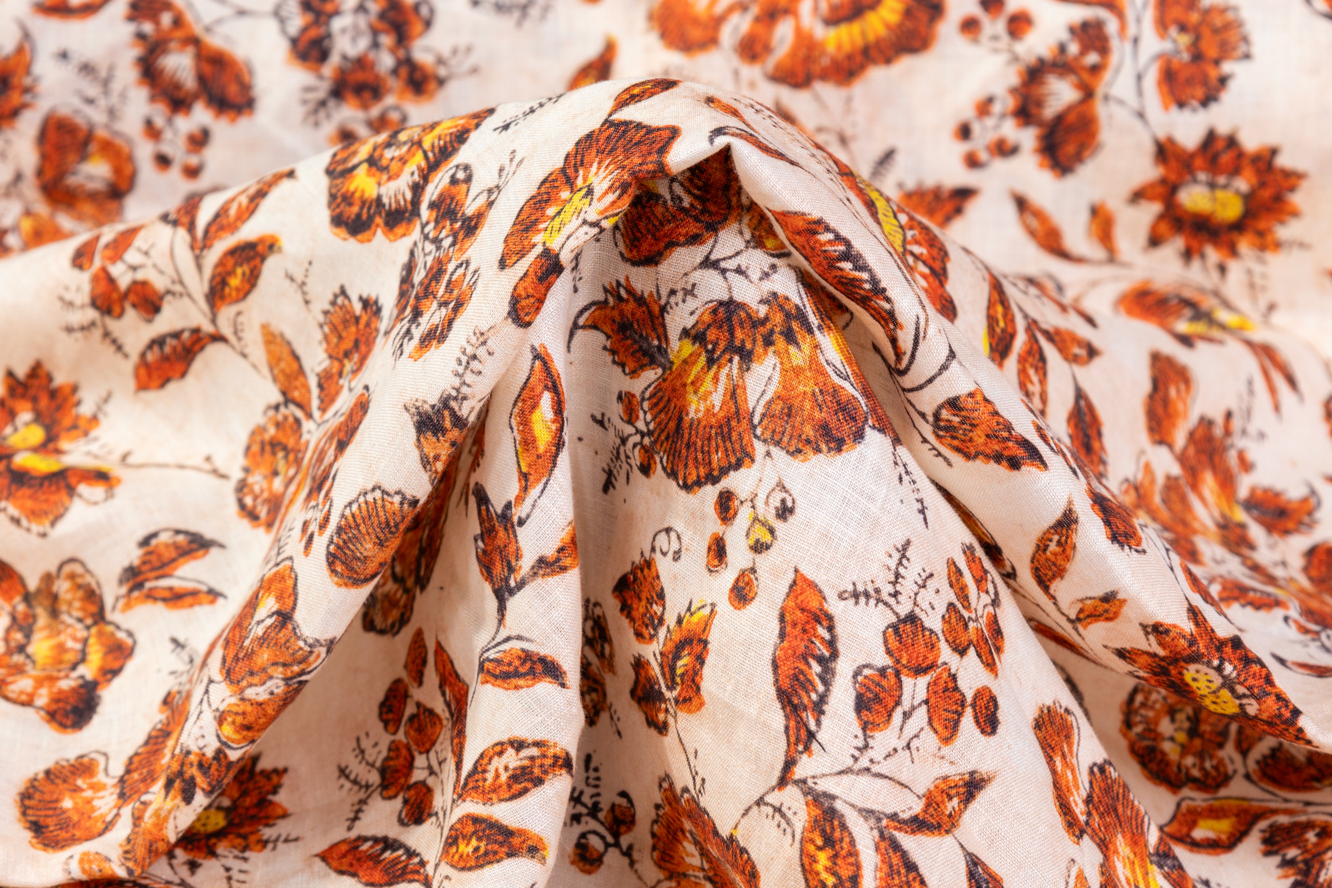 Floral Italian Linen - Off White / Burnt Orange