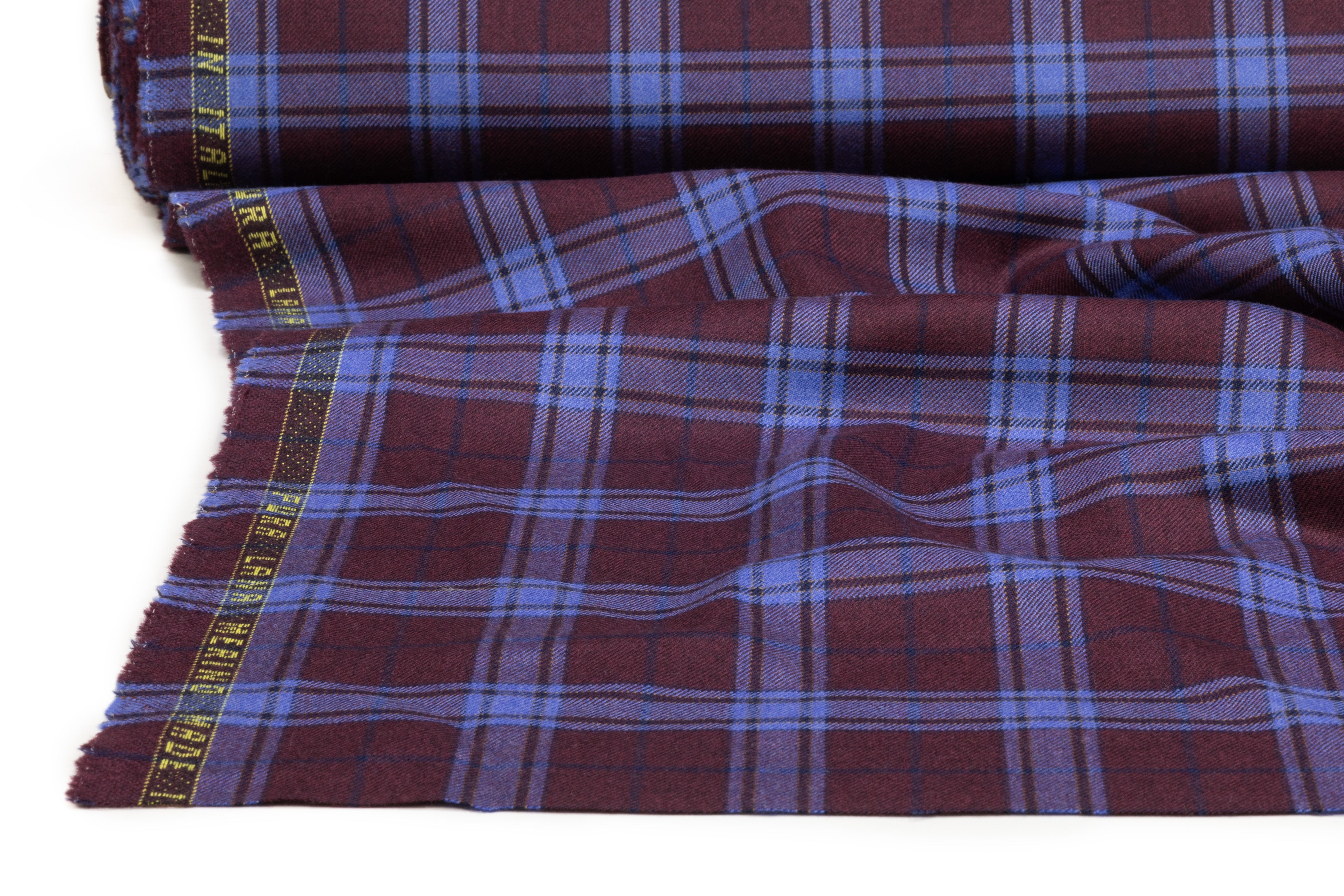 Plaid Italian Wool Flannel Suiting - Burgundy / Blue