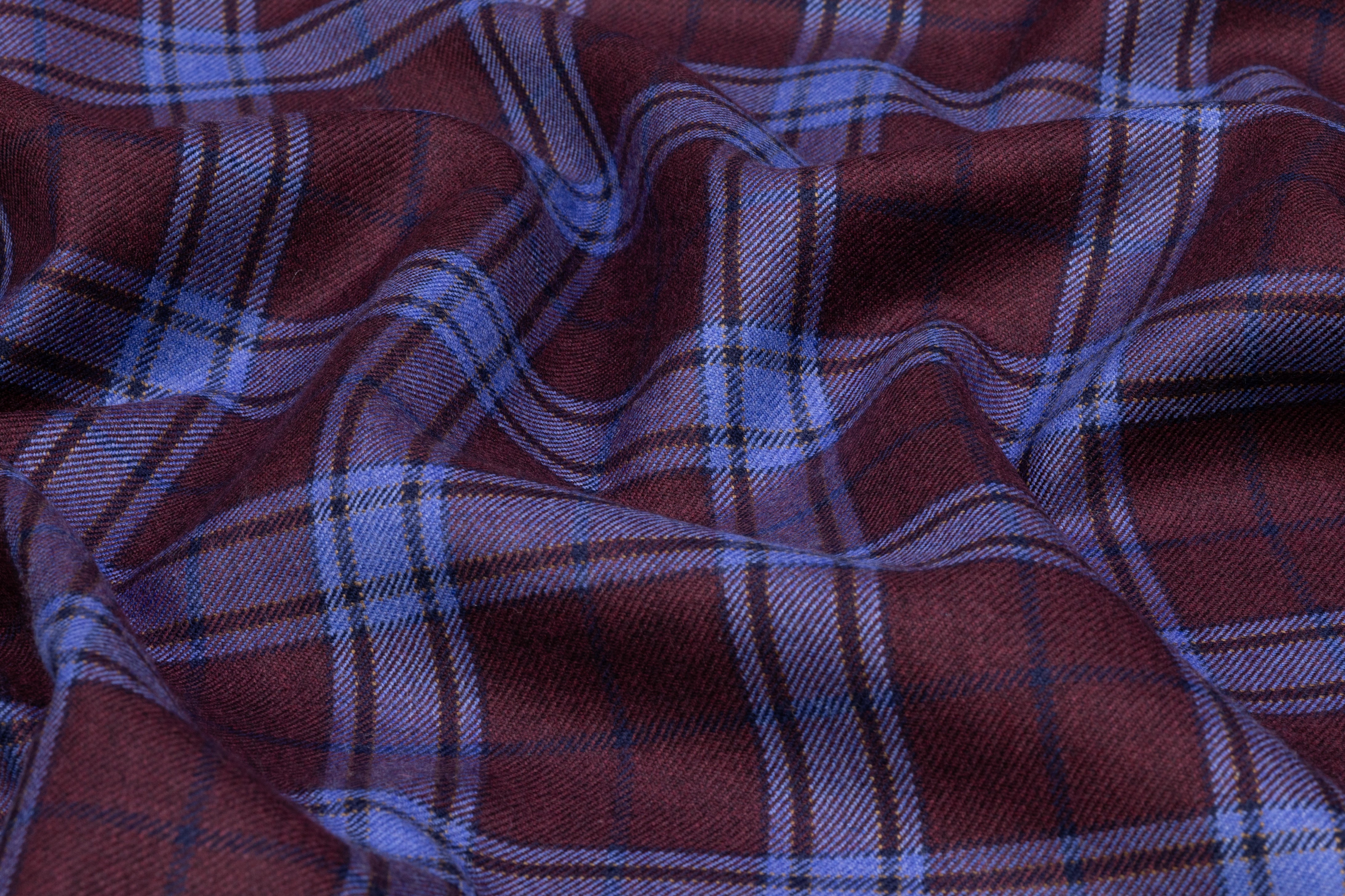 Plaid Italian Wool Flannel Suiting - Burgundy / Blue