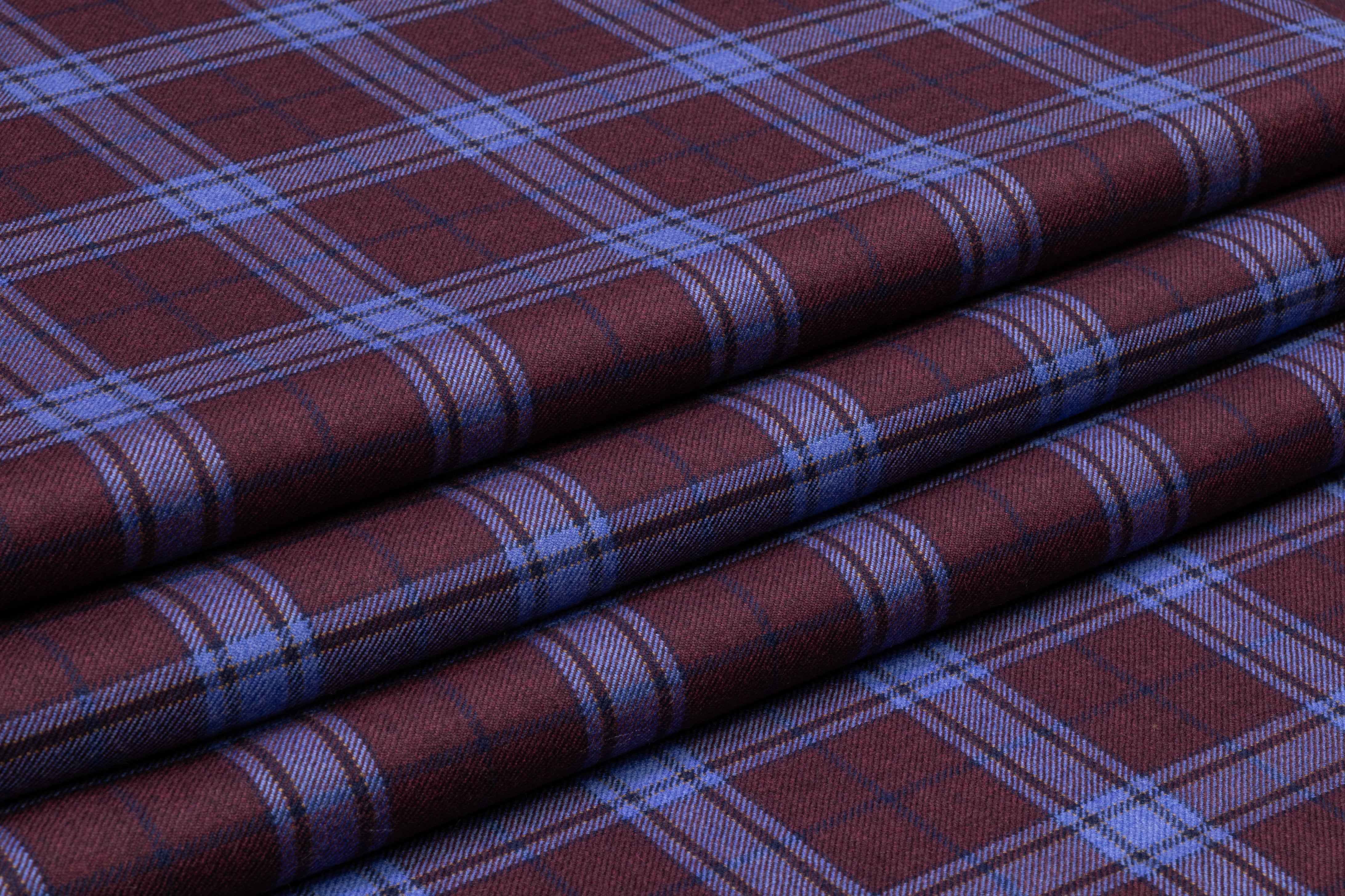 Plaid Italian Wool Flannel Suiting - Burgundy / Blue