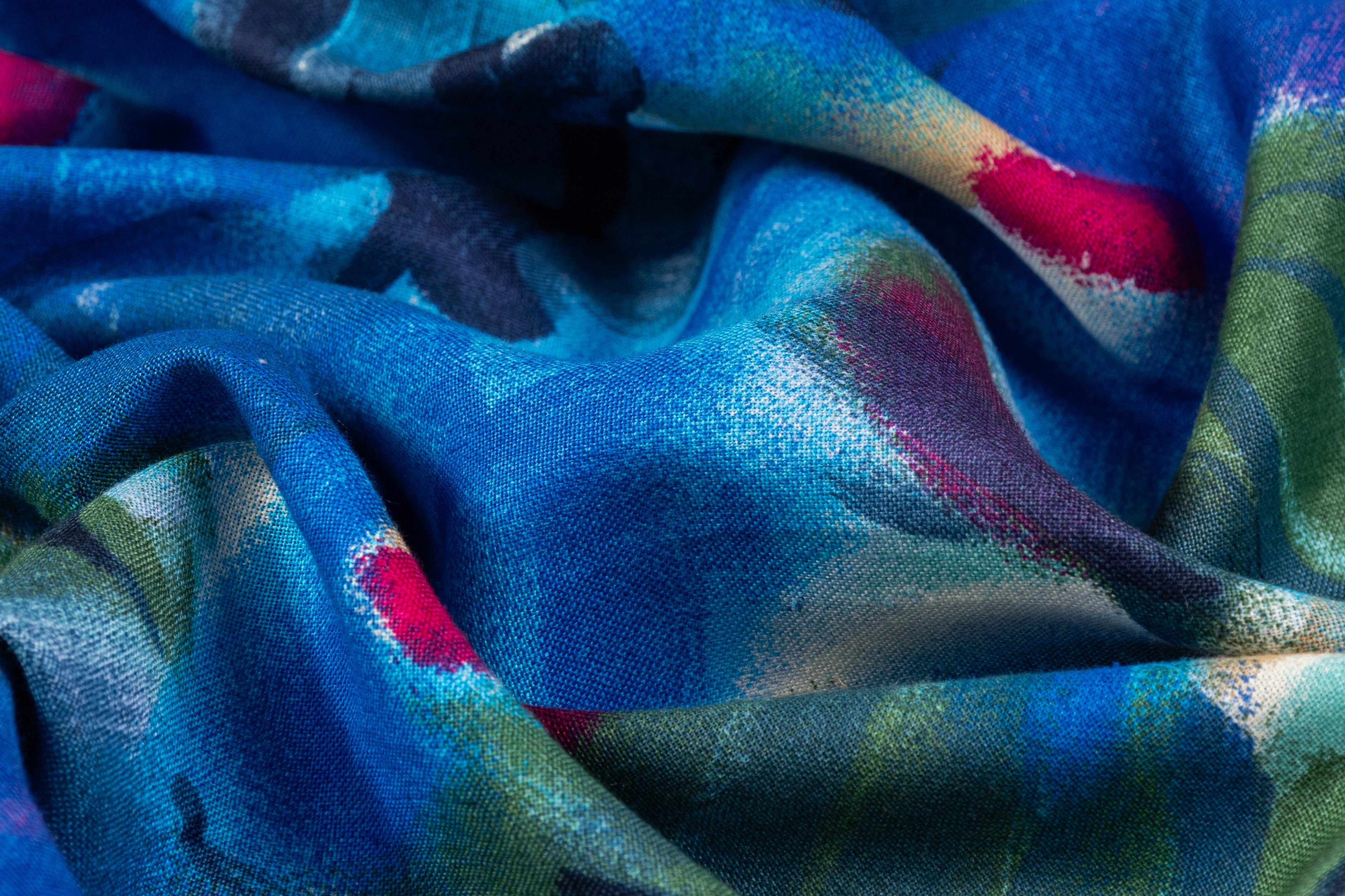 Floral Italian Viscose Linen Blend - Blue / Fuchsia / Green