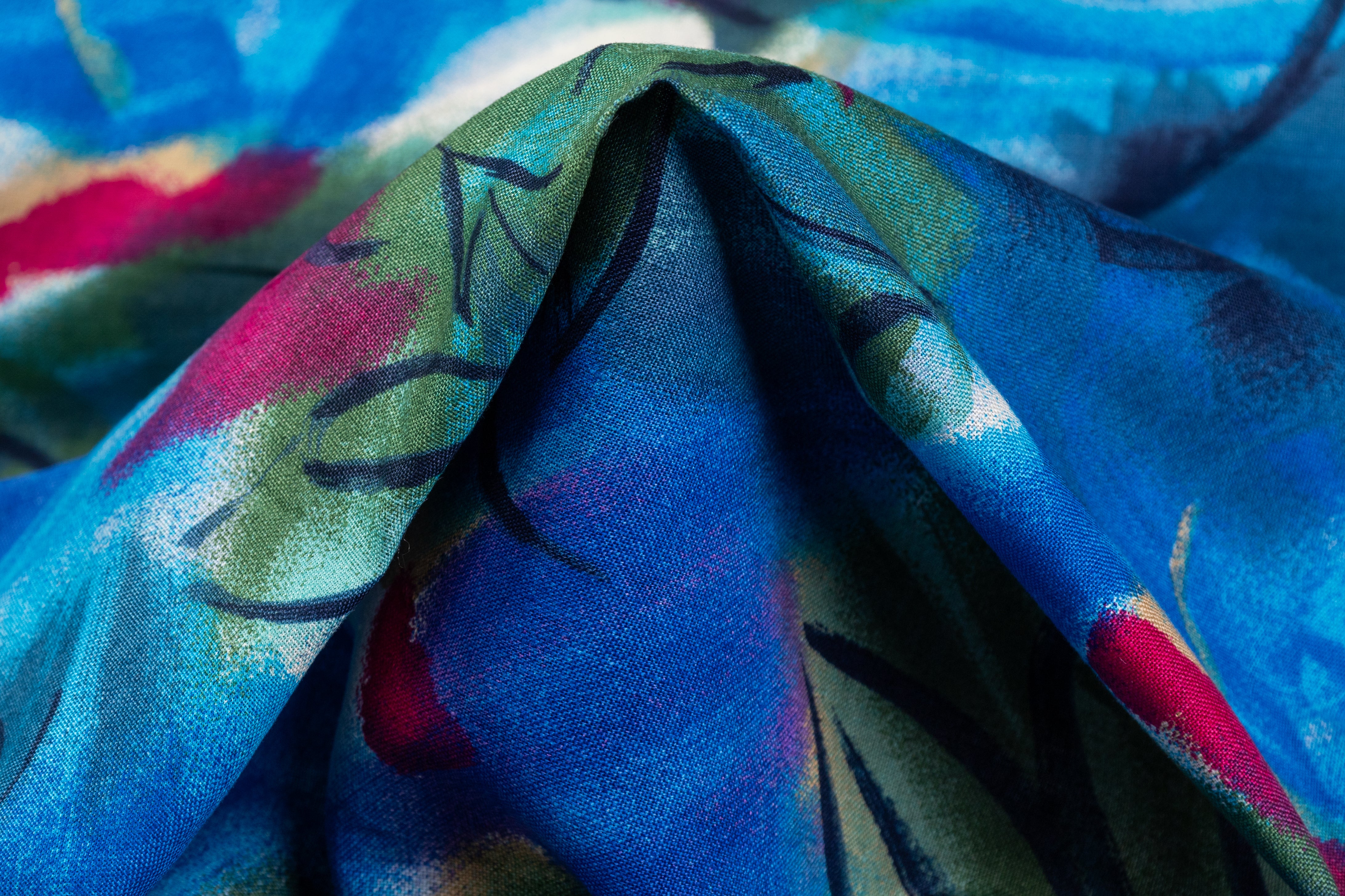 Floral Italian Viscose Linen Blend - Blue / Fuchsia / Green