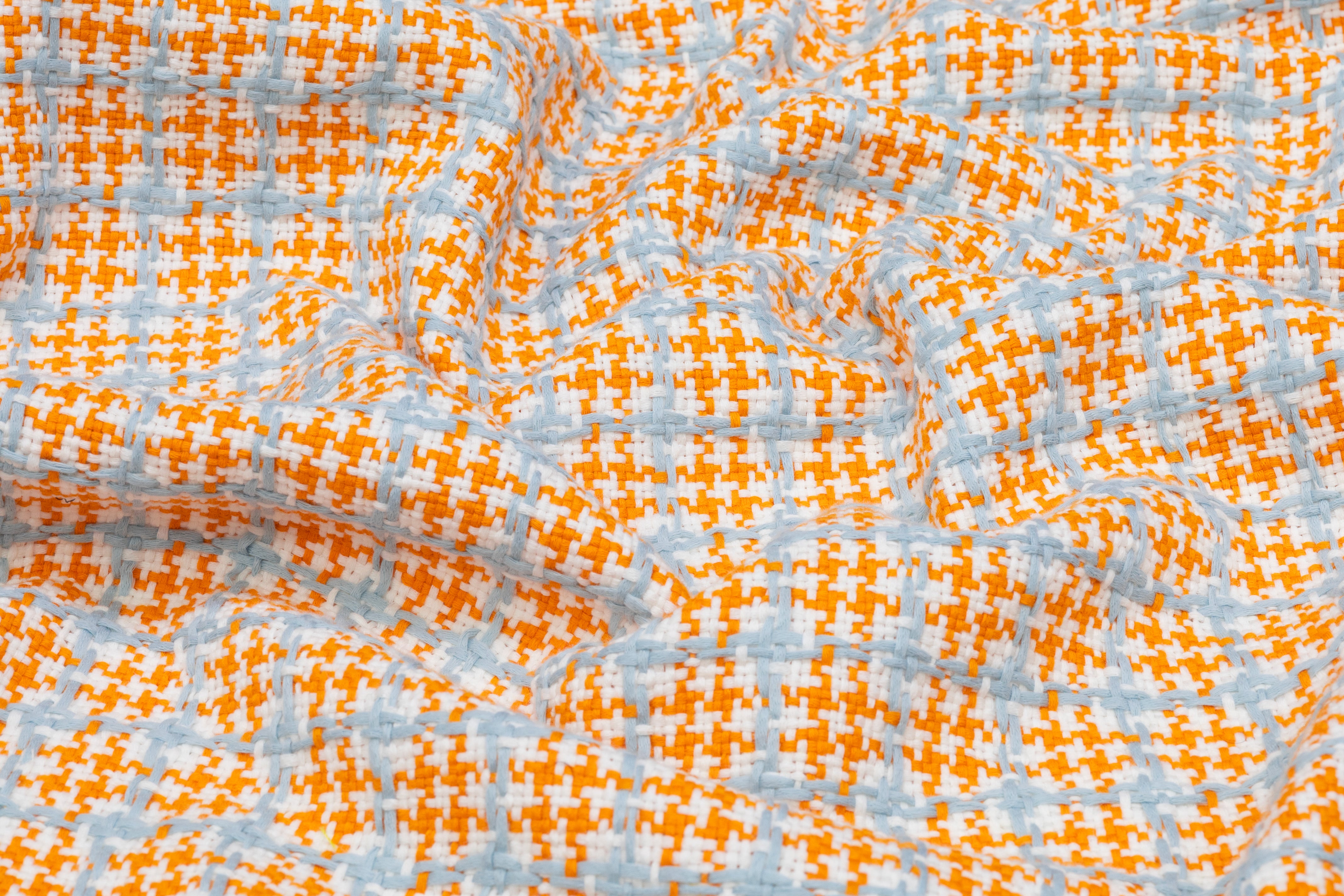 Checked Italian Cotton Tweed - Orange / Blue / White
