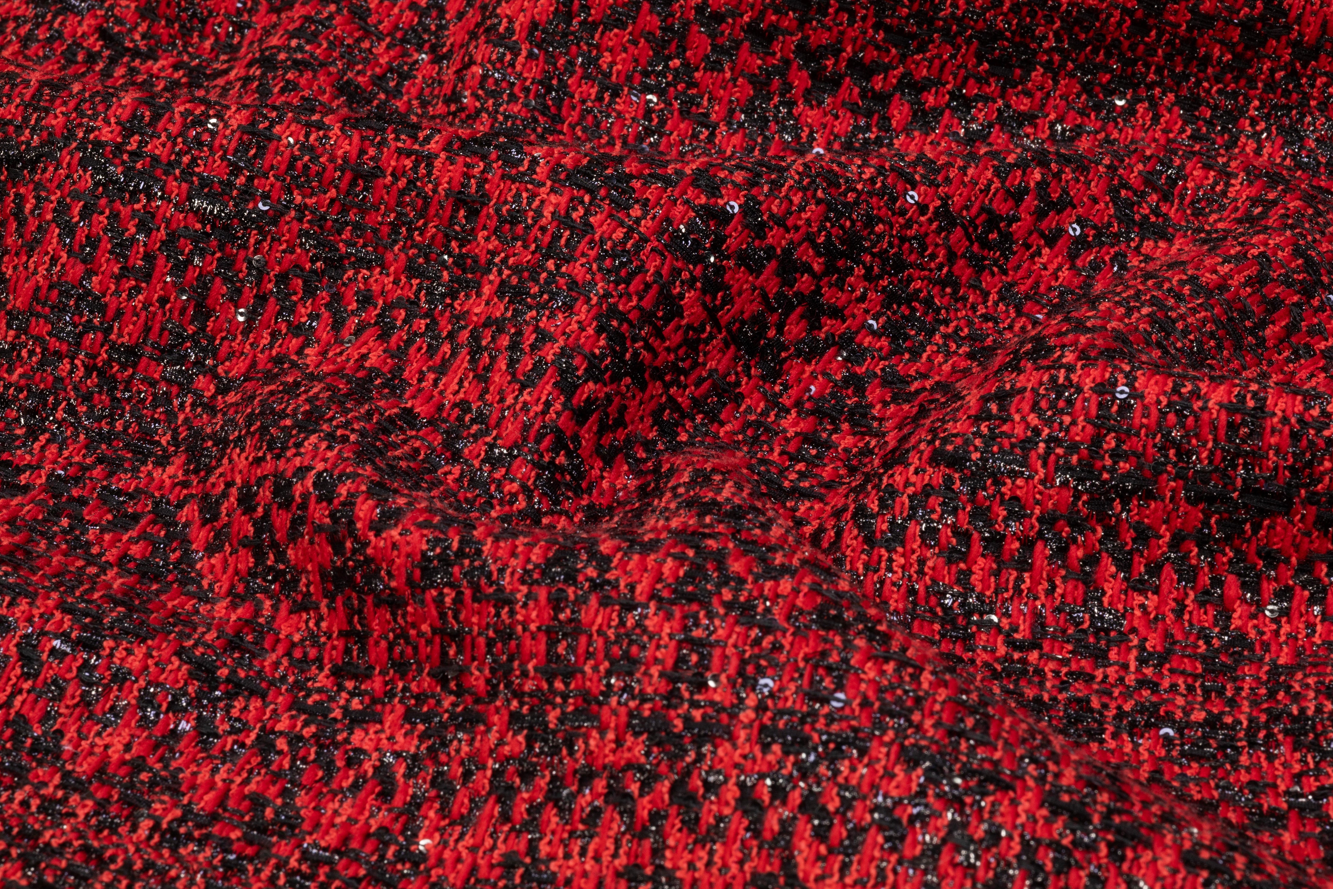 Fused Italian Wool Blend Metallic Tweed - Red / Black