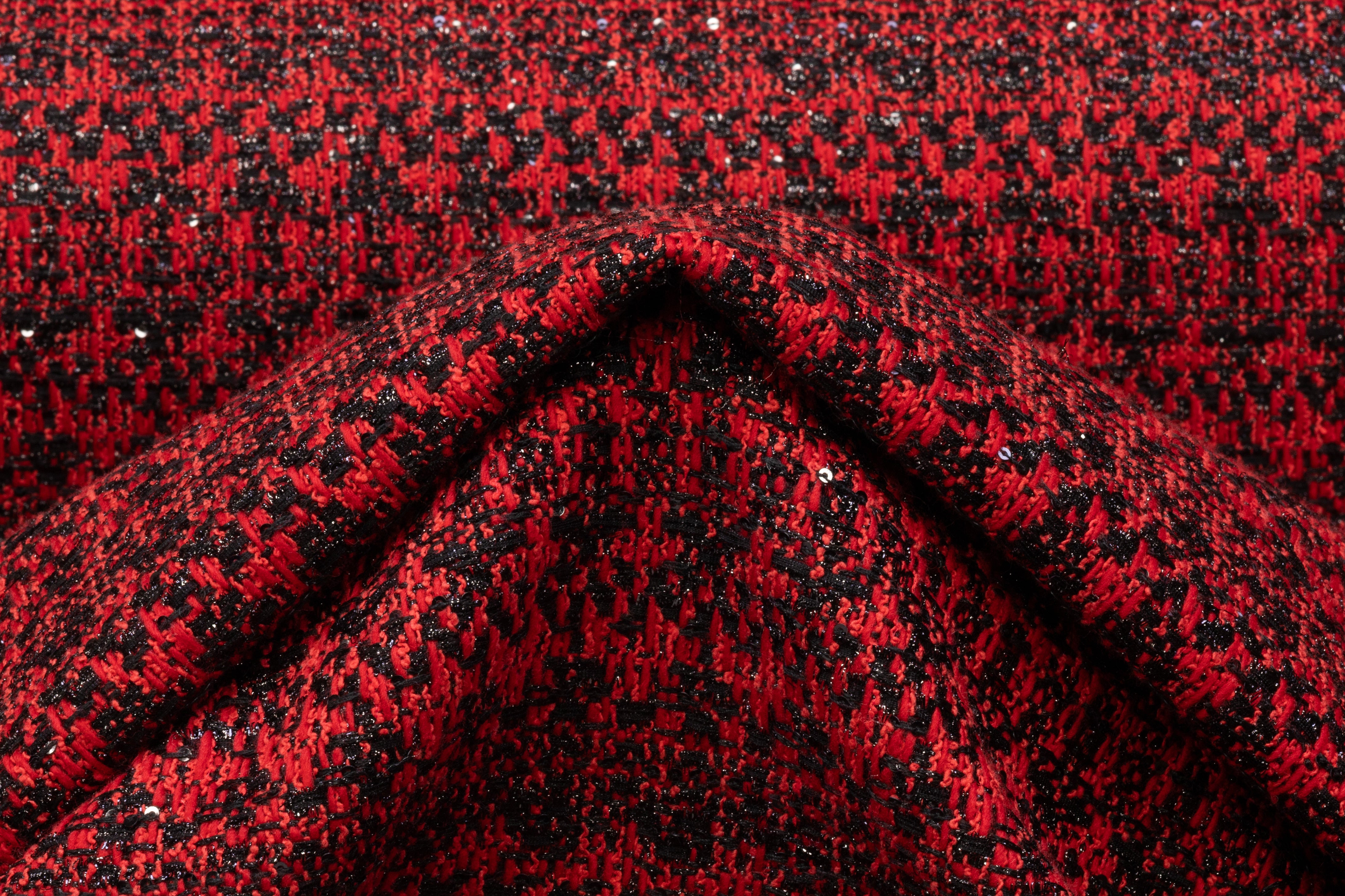 Fused Italian Wool Blend Metallic Tweed - Red / Black