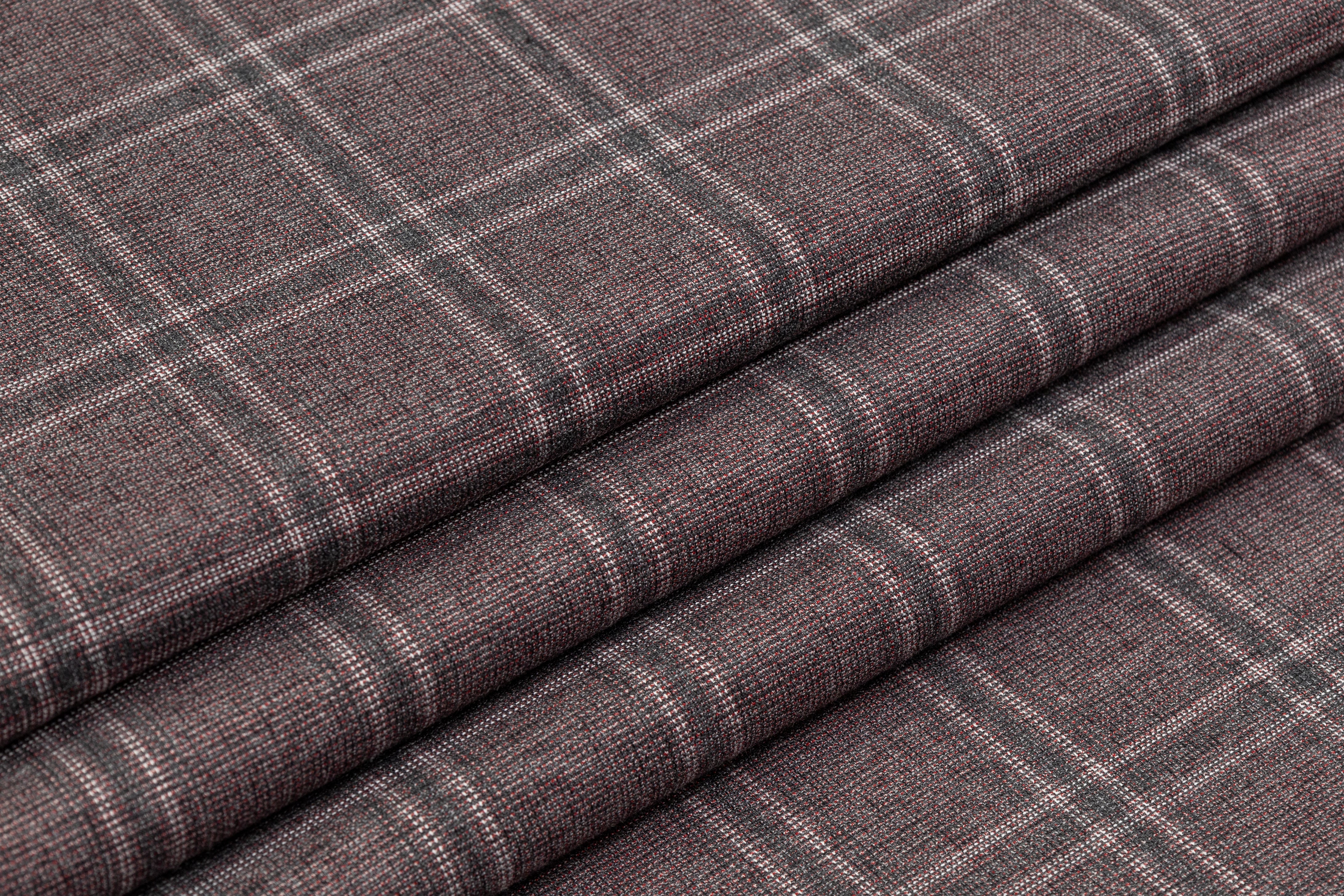 Checked Italian Wool Cotton Silk Suiting - Gray / Red