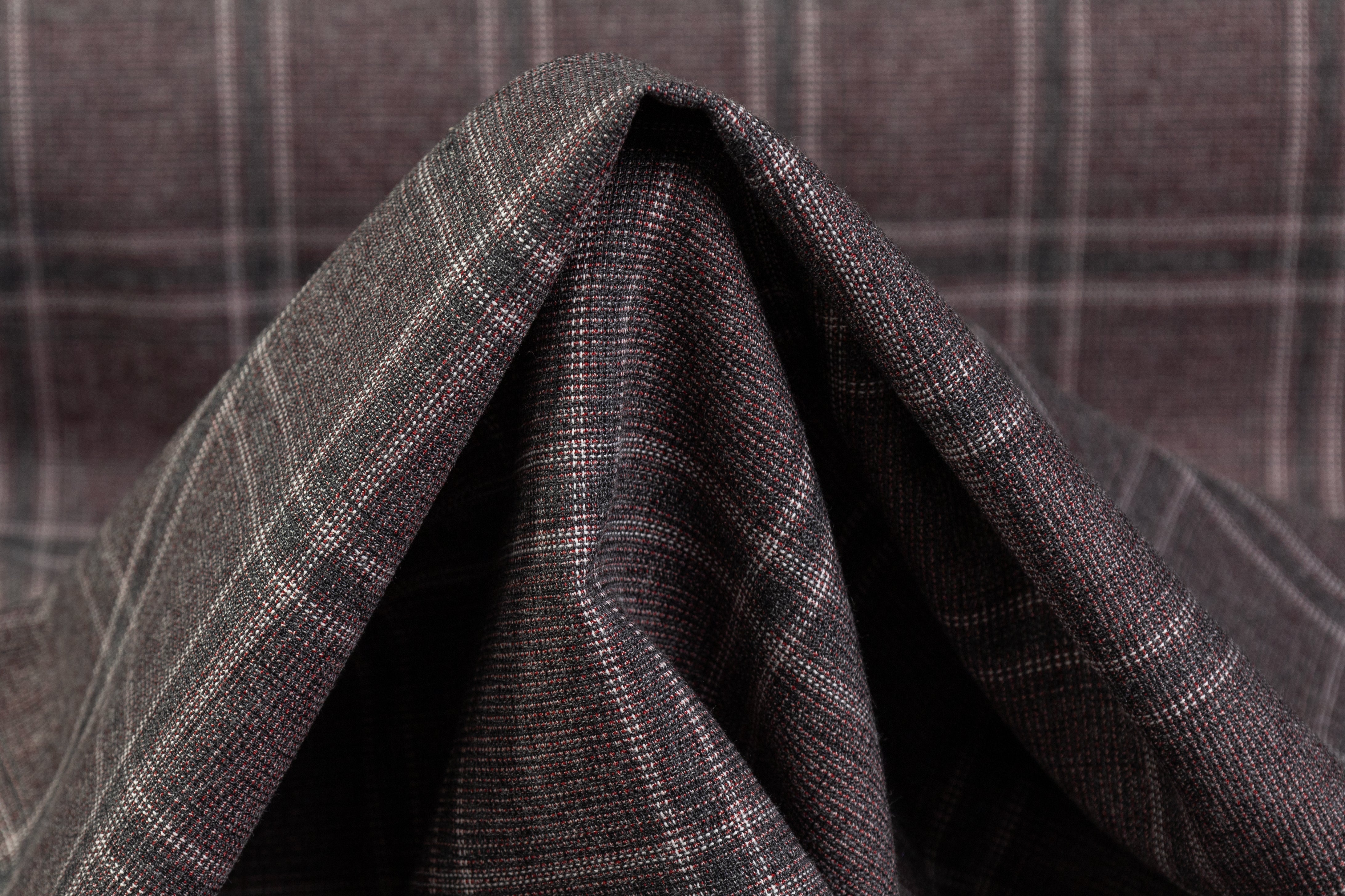 Checked Italian Wool Cotton Silk Suiting - Gray / Red