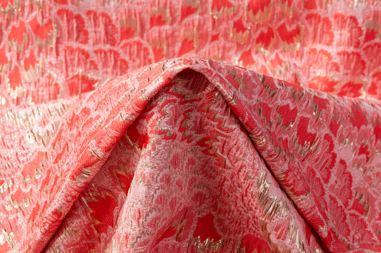 Floral Crushed Metallic Brocade - Coral Pink / Gold