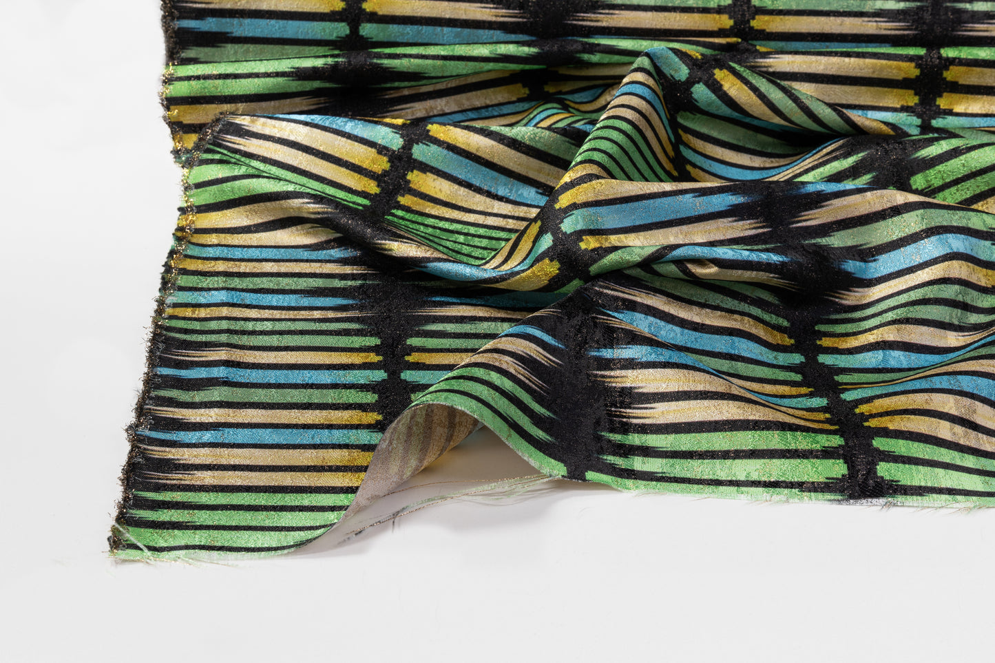 Streak Printed Metallic Brocade - Green / Blue / Yellow