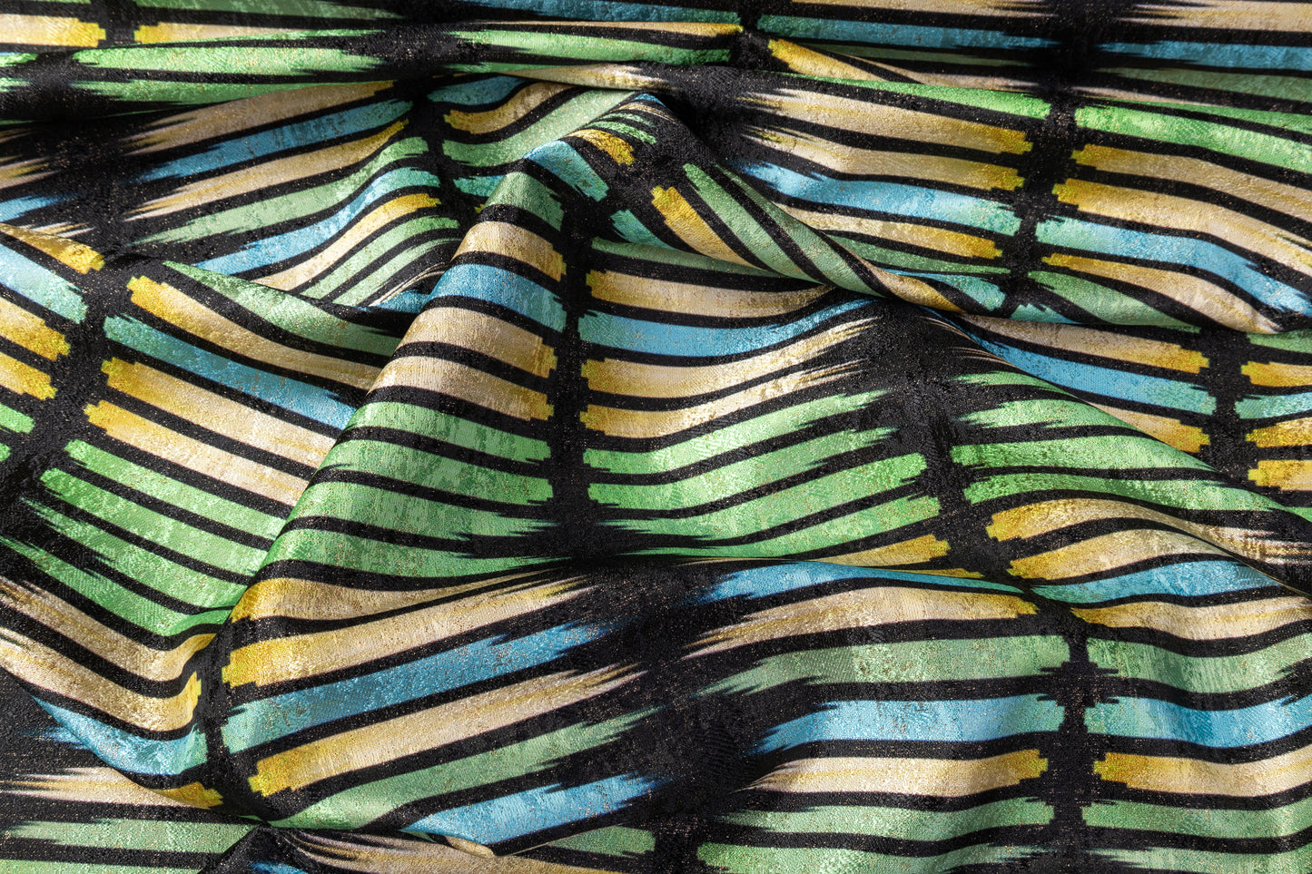 Streak Printed Metallic Brocade - Green / Blue / Yellow