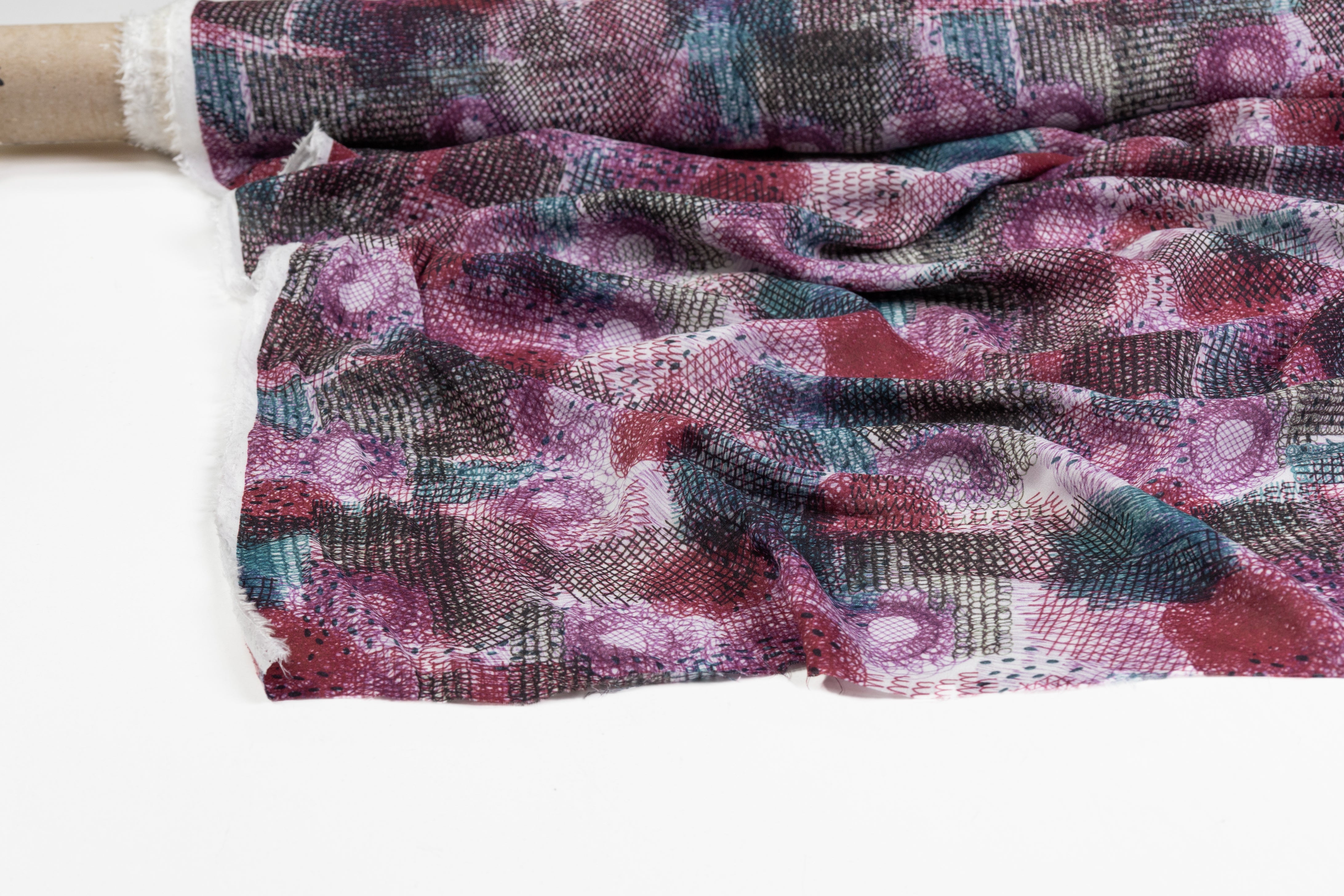 Abstract Italian Viscose Challis - Mauve / Teal / Black