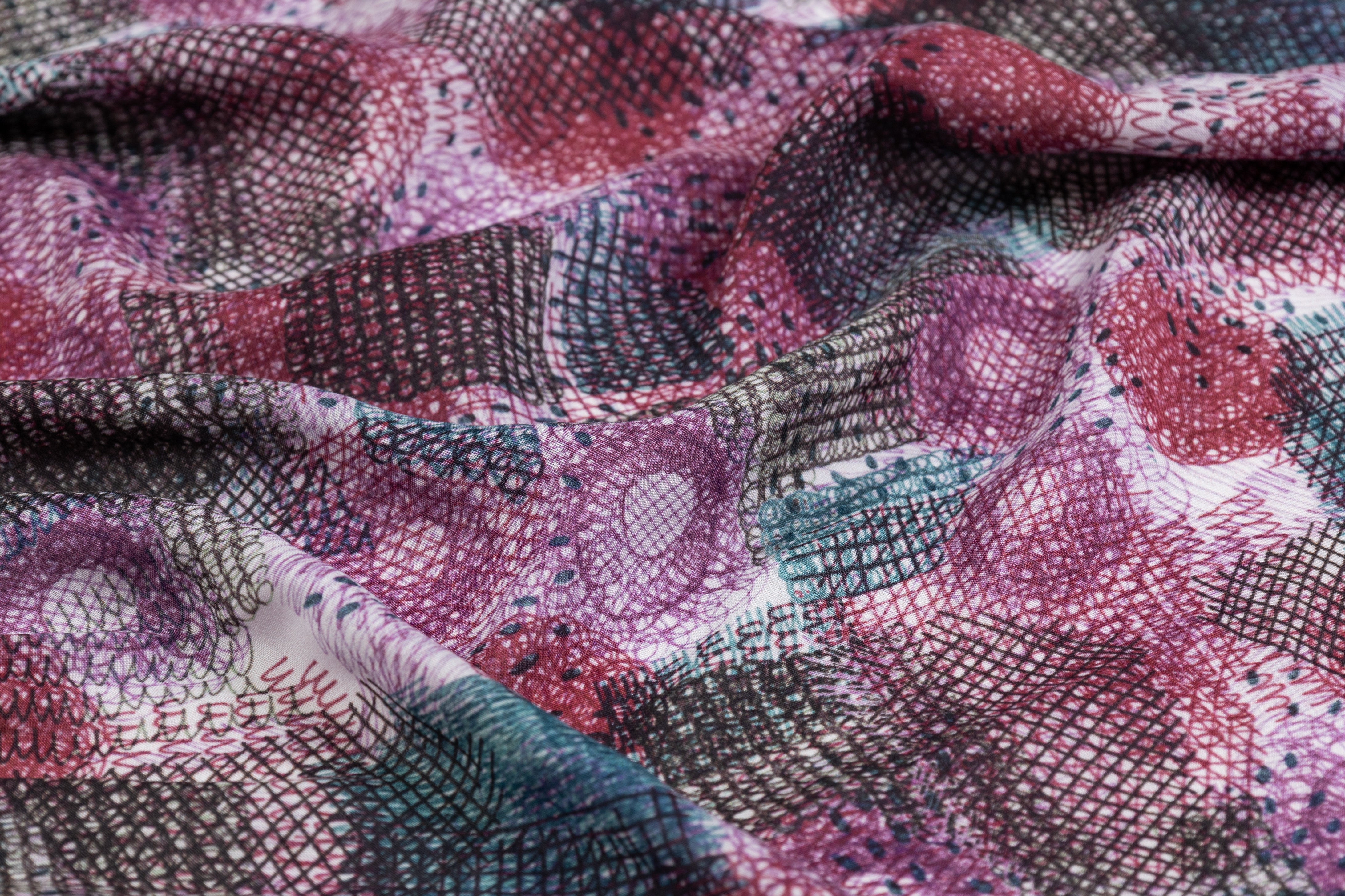 Abstract Italian Viscose Challis - Mauve / Teal / Black