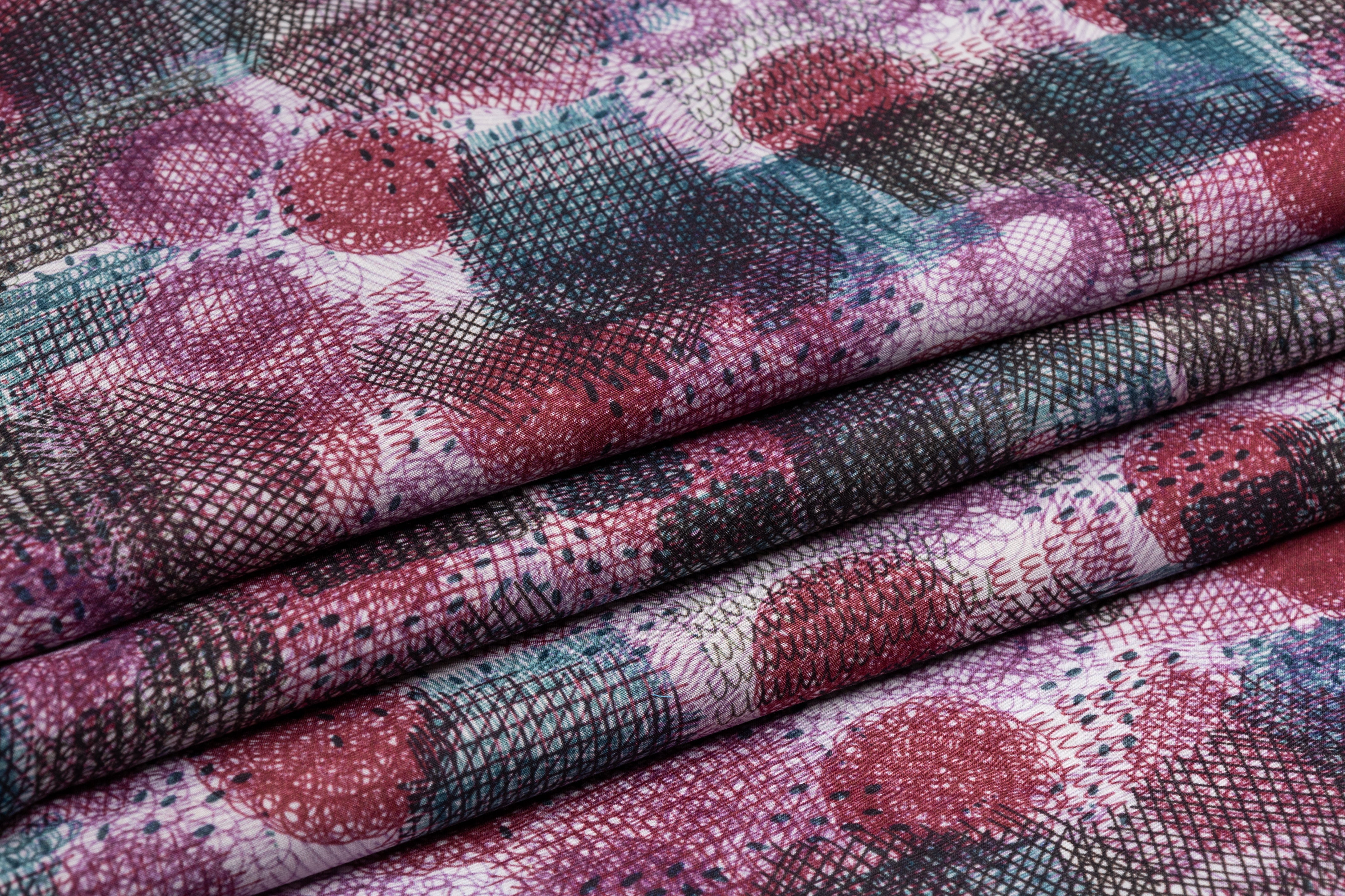 Abstract Italian Viscose Challis - Mauve / Teal / Black