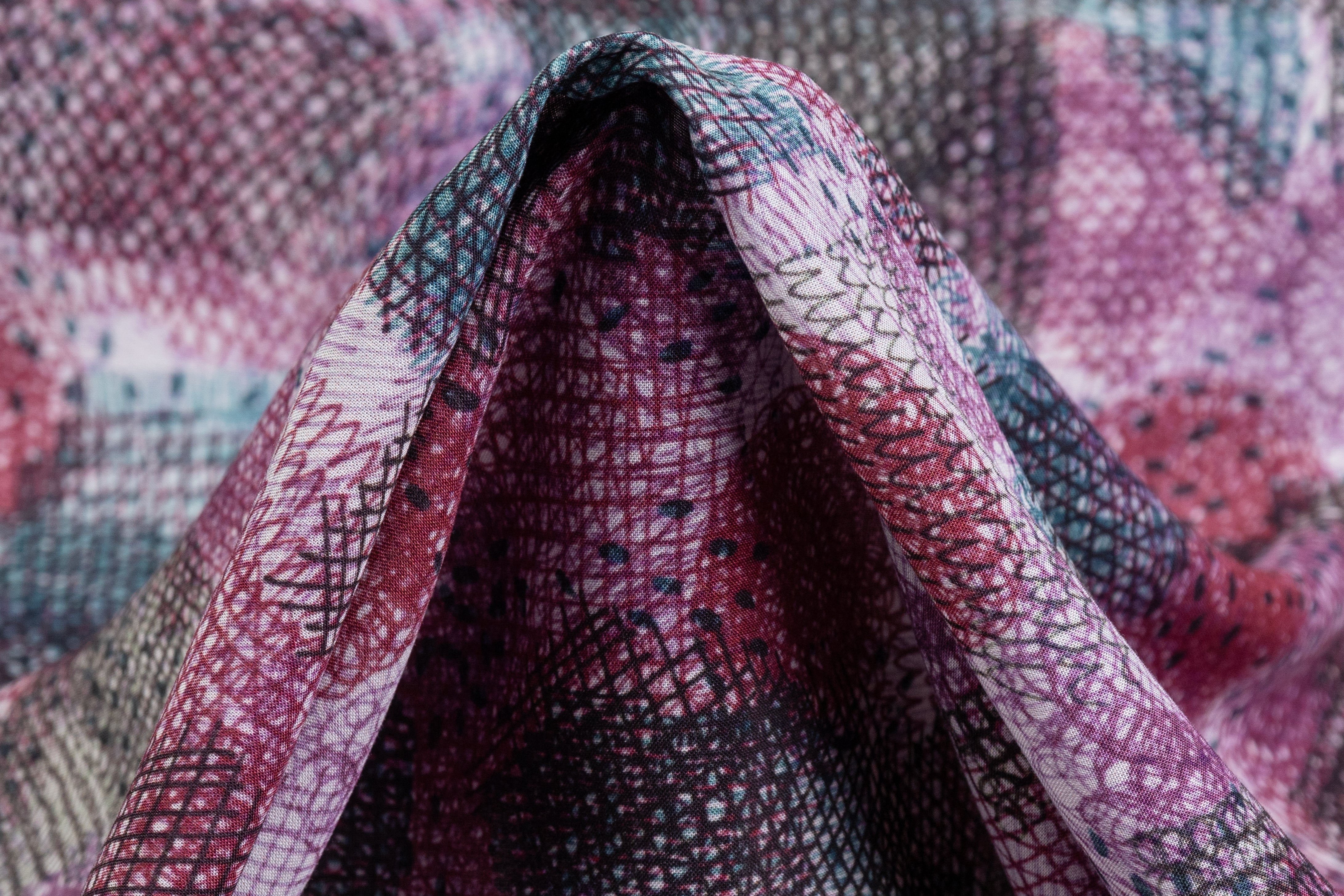 Abstract Italian Viscose Challis - Mauve / Teal / Black