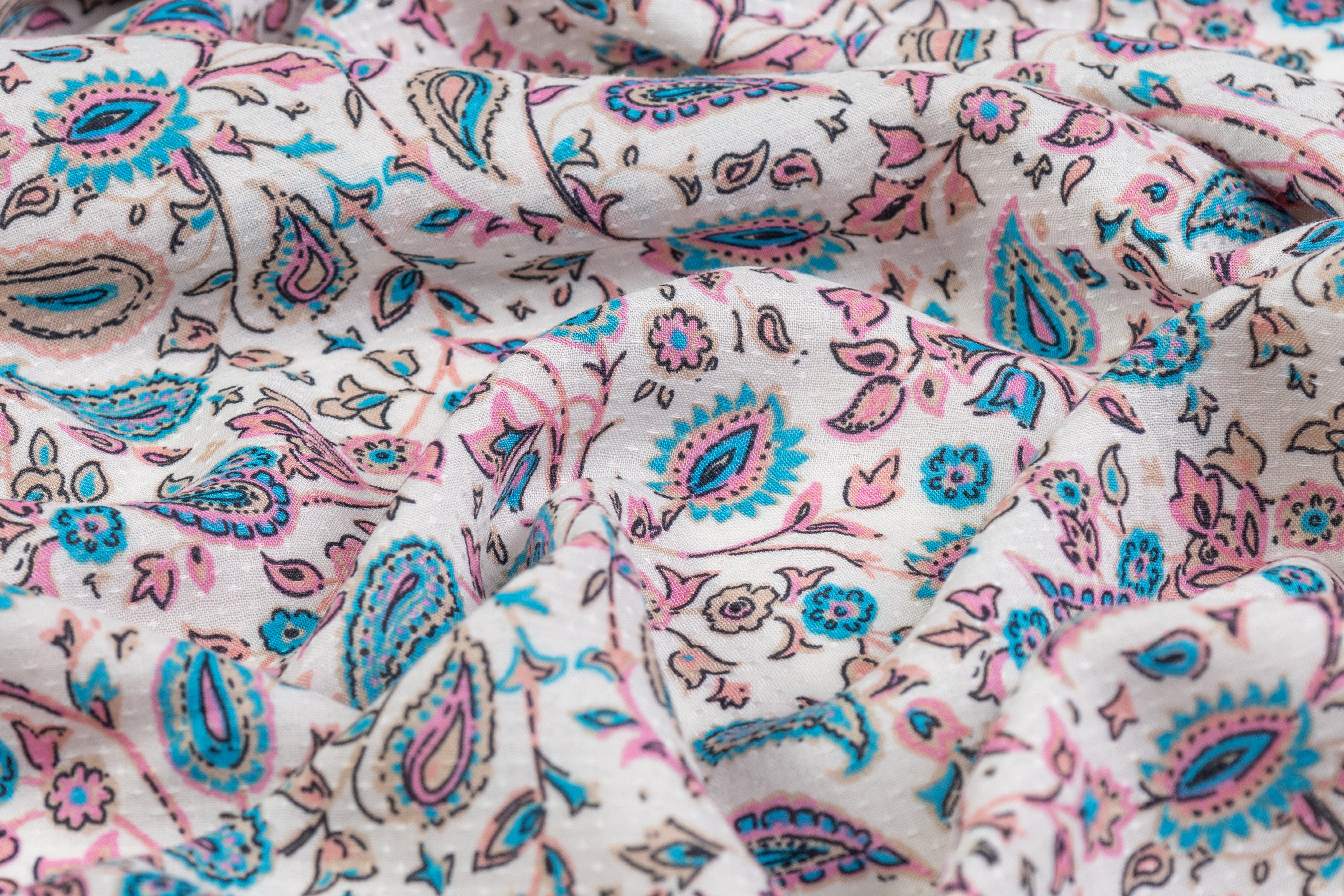 Textured Paisley Italian Viscose Challis - White / Blue / Pink