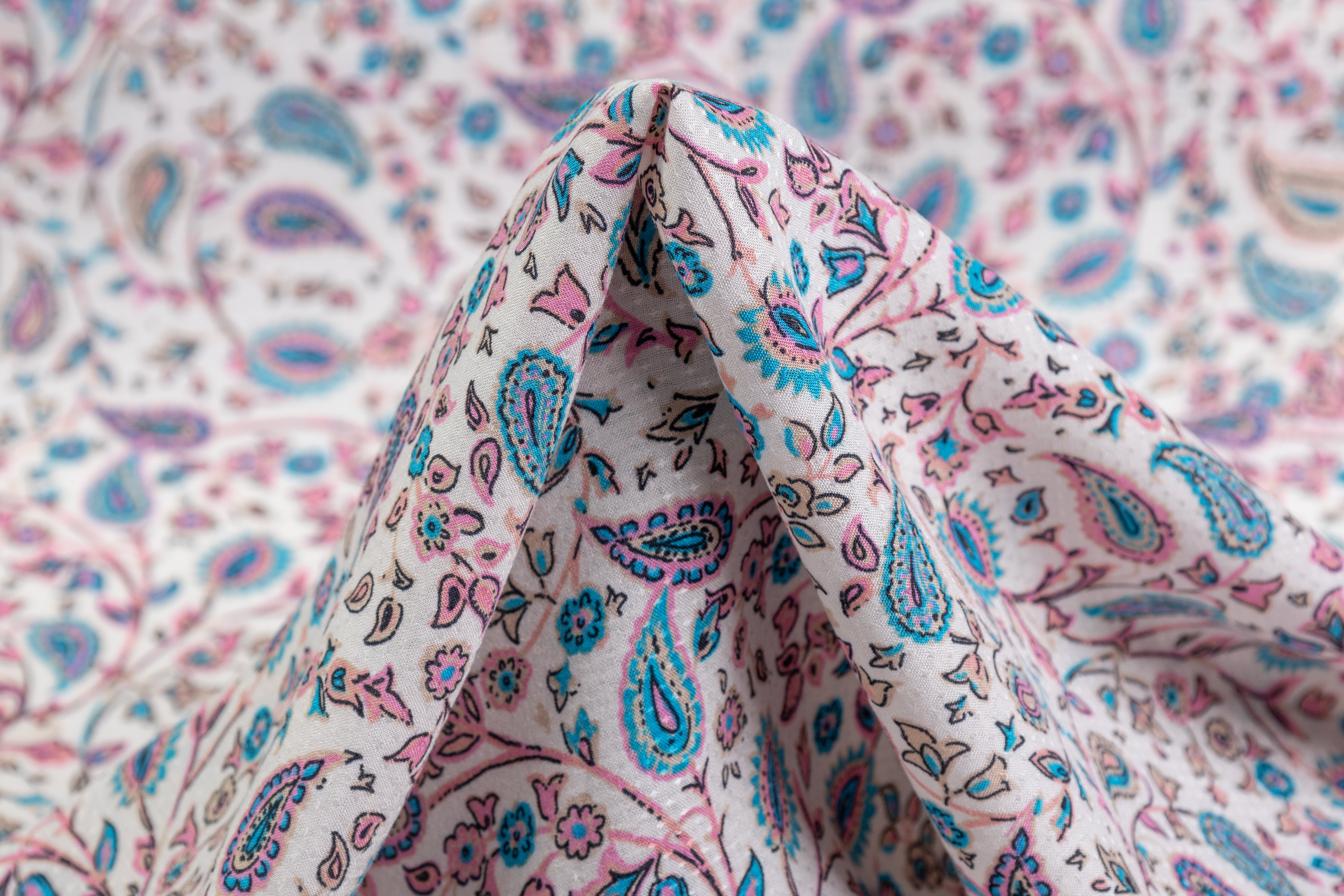 Textured Paisley Italian Viscose Challis - White / Blue / Pink