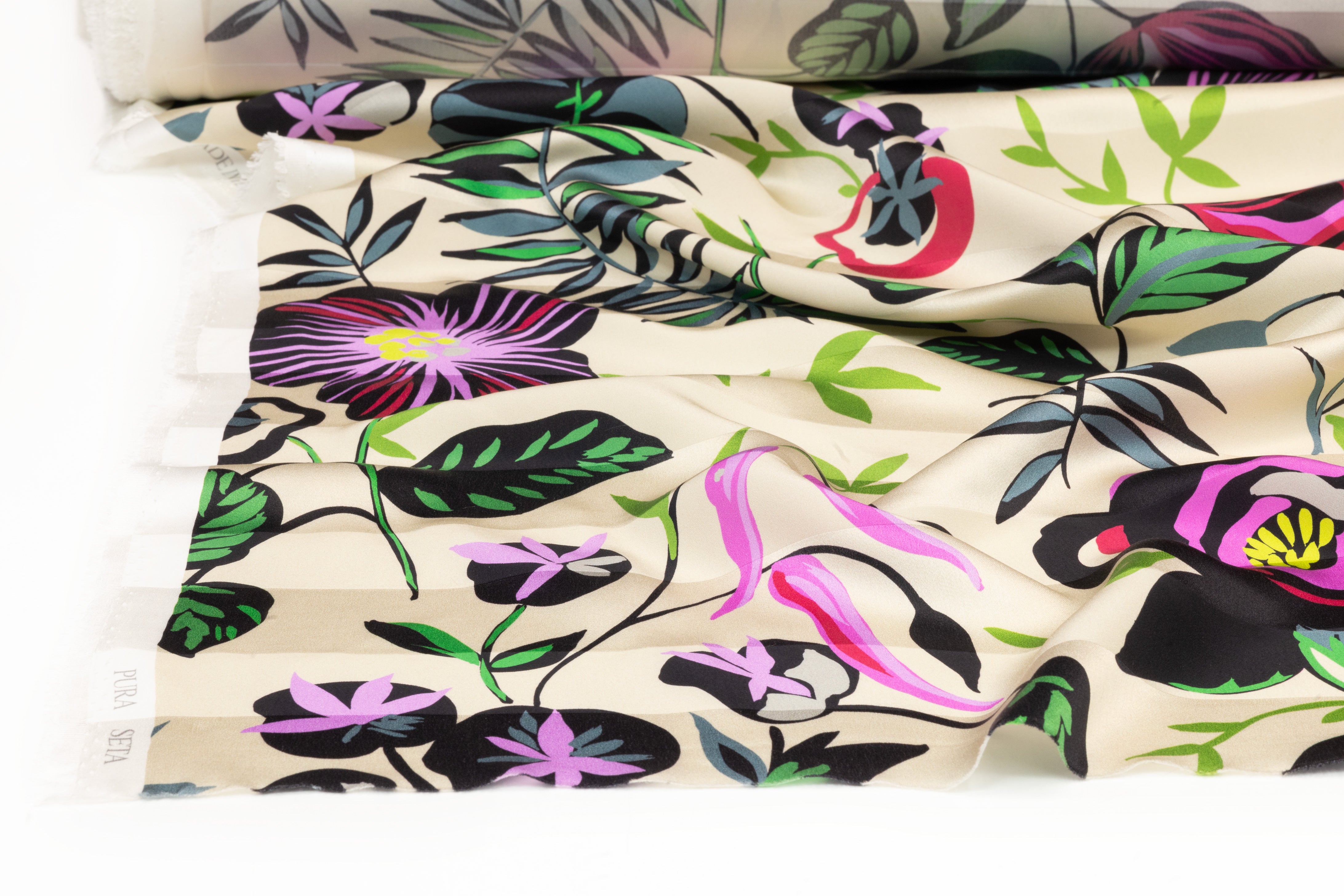 Luigi Verga - Floral Printed Italian Striped Silk Jacquard - Ivory