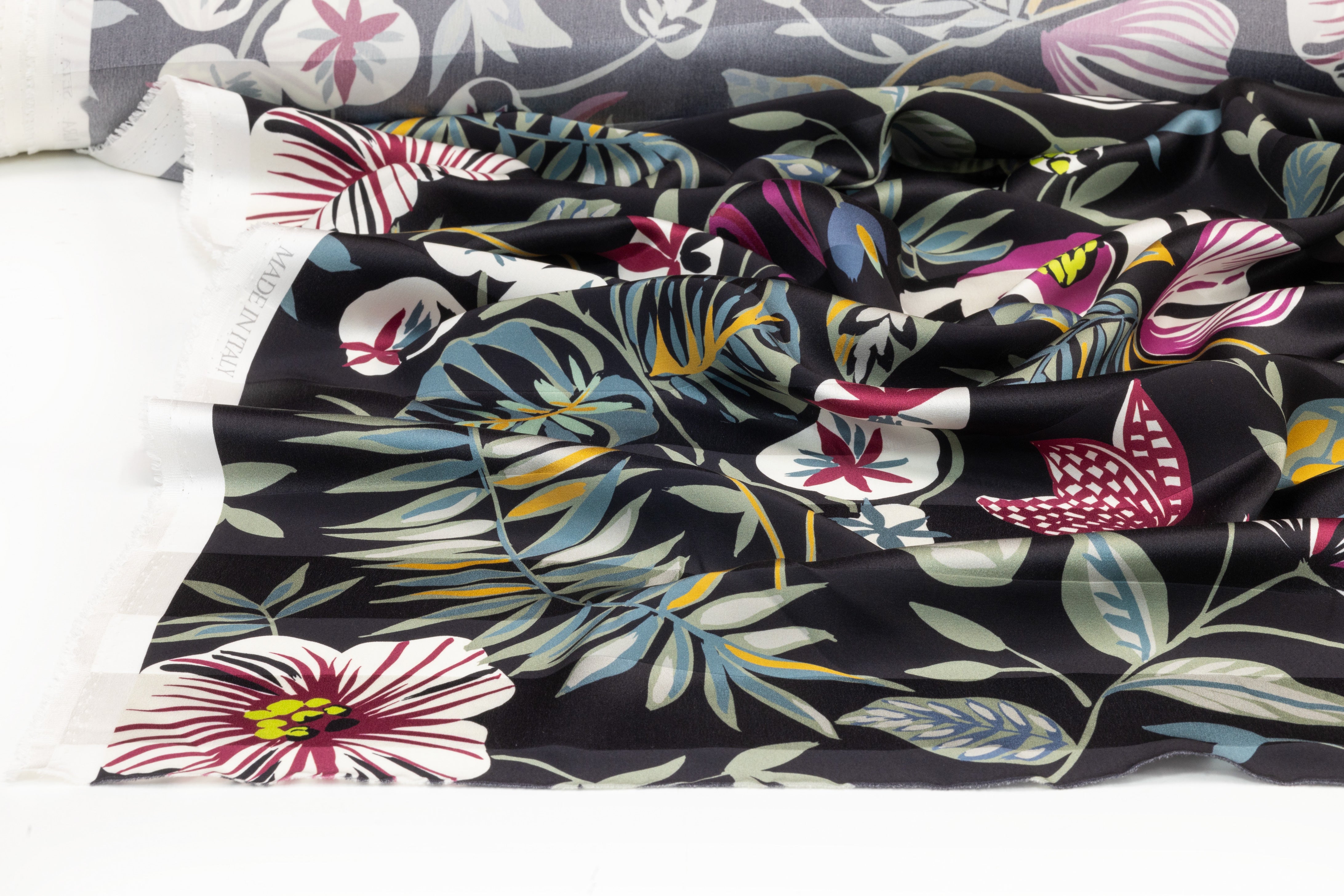 Luigi Verga - Floral Printed Italian Striped Silk Jacquard - Black