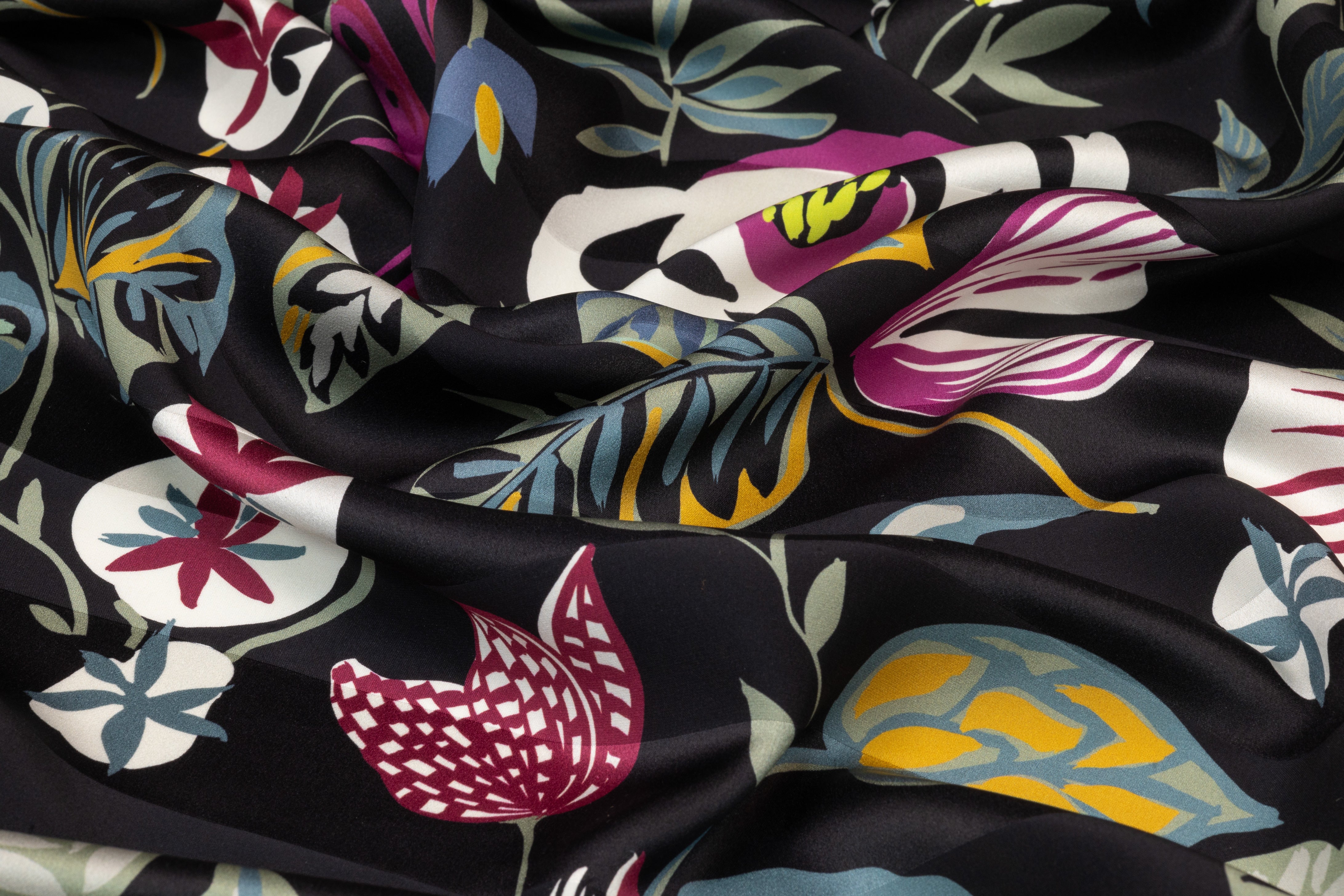 Luigi Verga - Floral Printed Italian Striped Silk Jacquard - Black