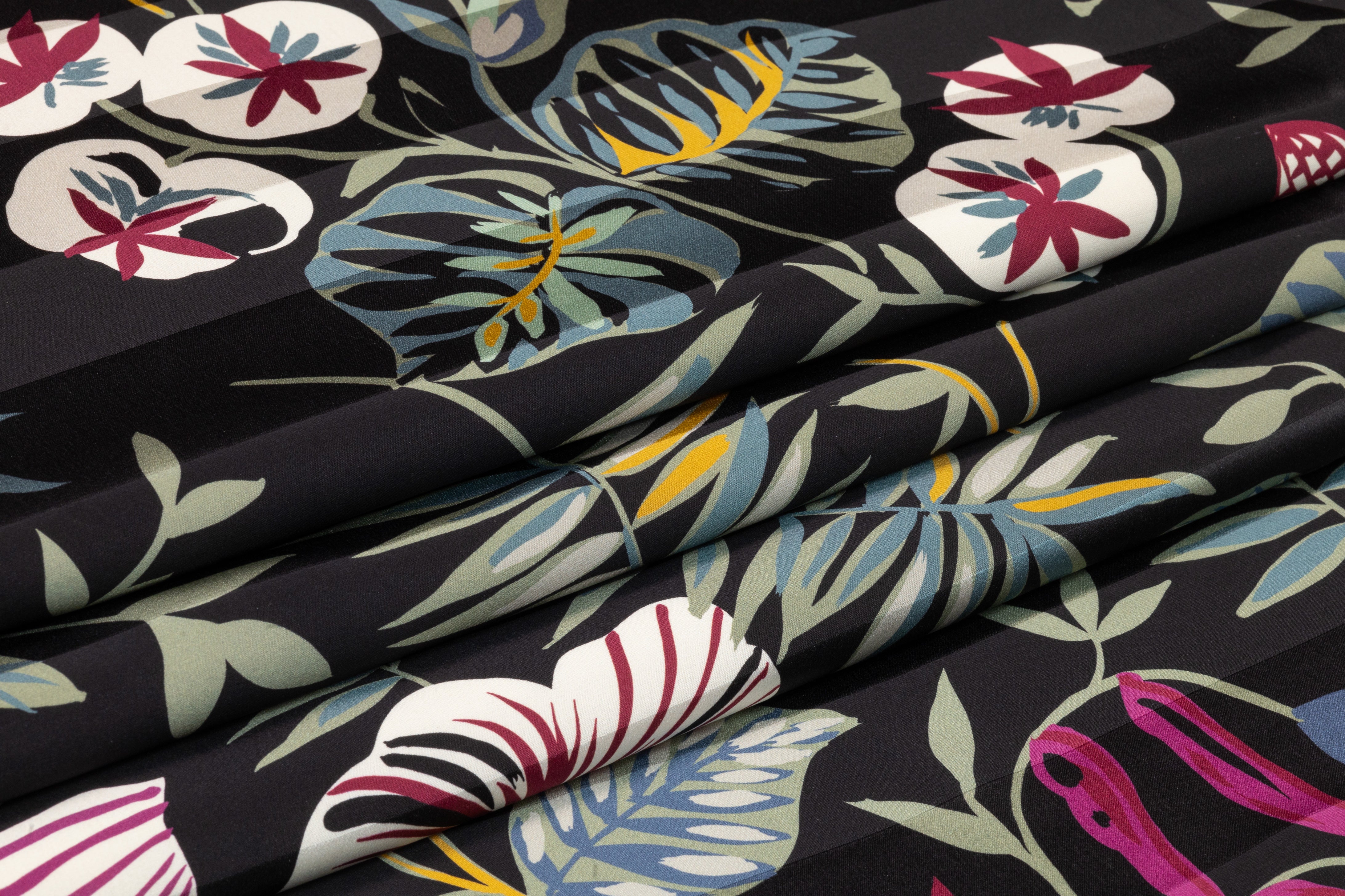 Luigi Verga - Floral Printed Italian Striped Silk Jacquard - Black