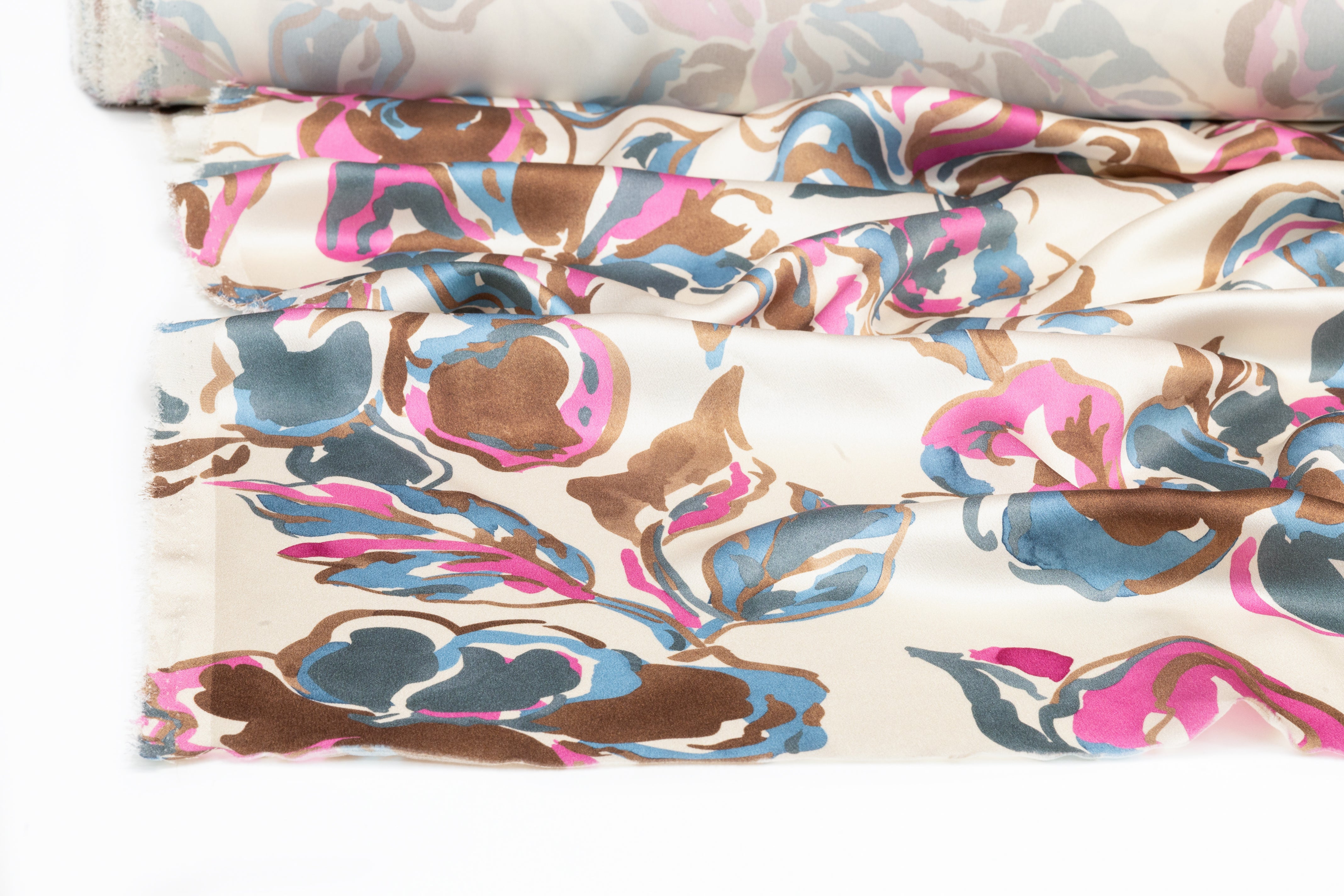 Luigi Verga - Floral Italian Silk Crepe Back Satin - Beige / Blue / Pink