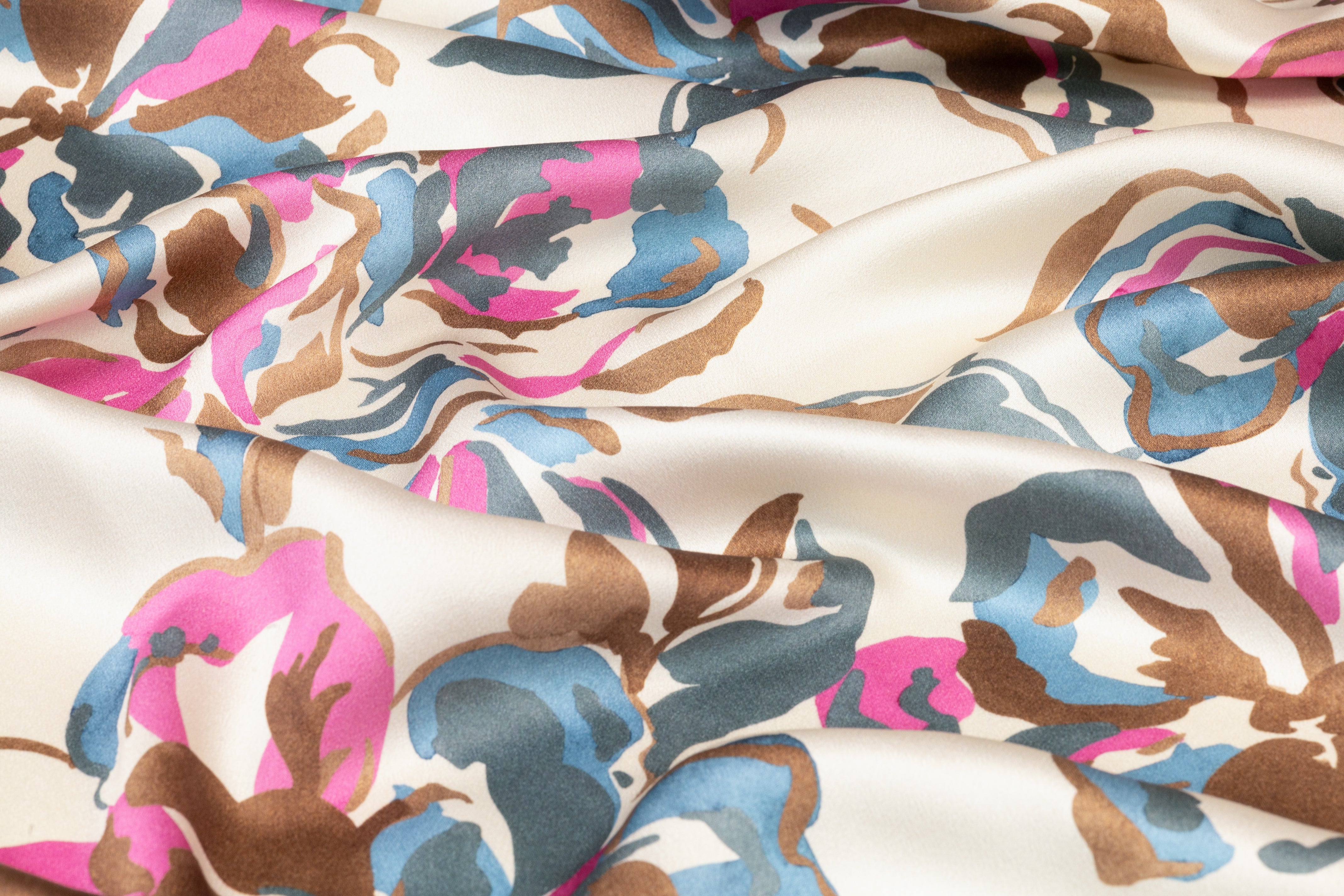 Luigi Verga - Floral Italian Silk Crepe Back Satin - Beige / Blue / Pink