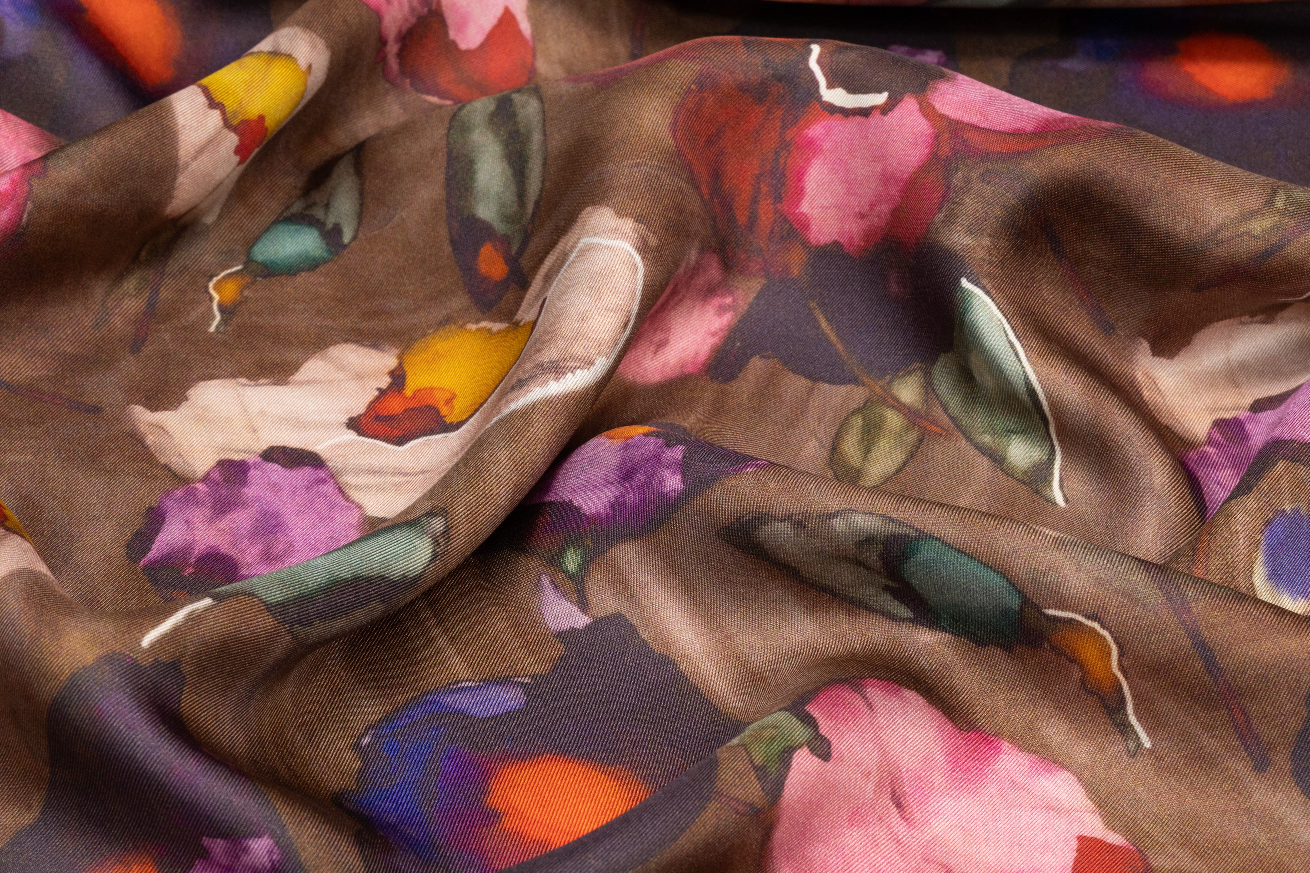 Floral Italian Silk Twill - Brown