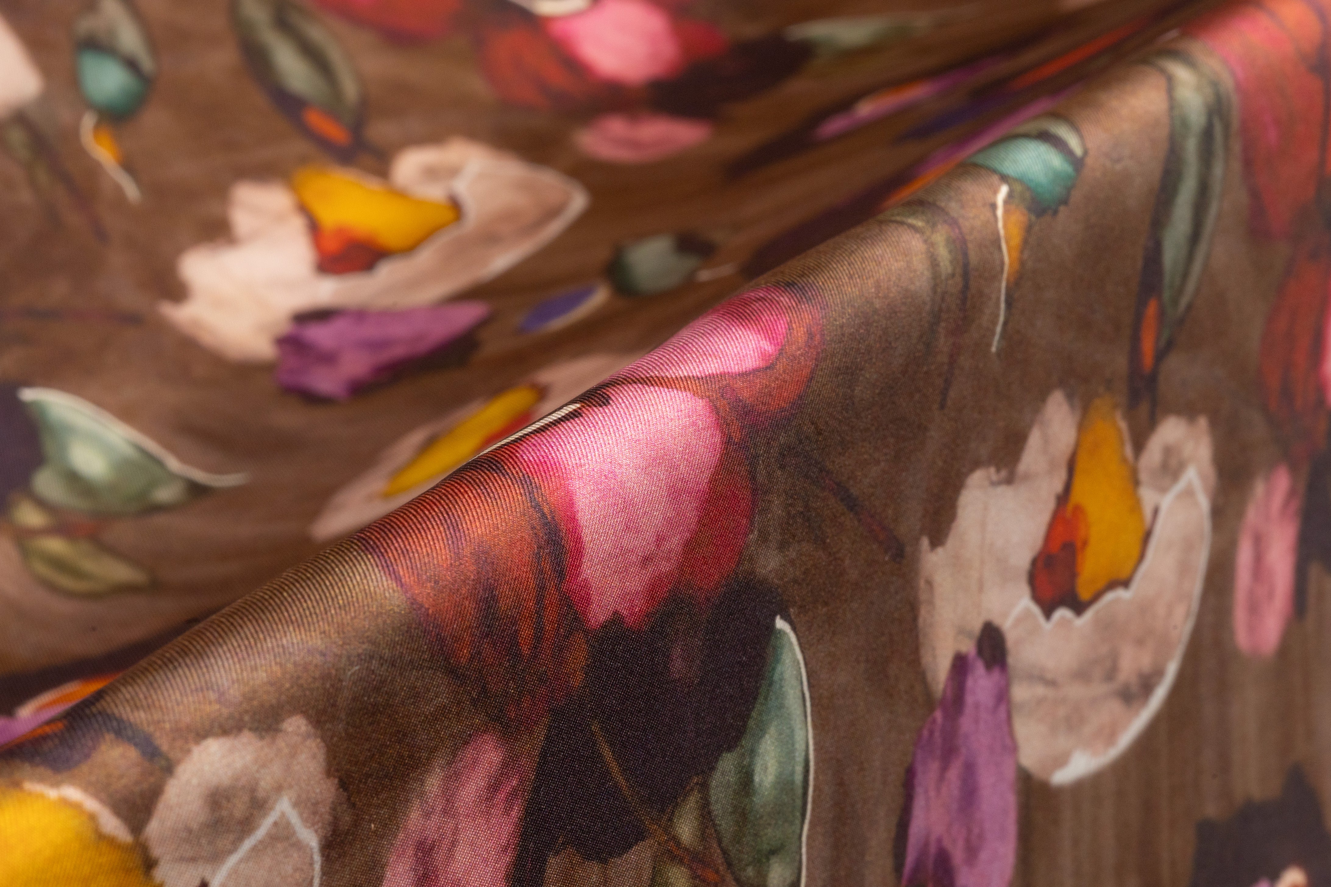 Floral Italian Silk Twill - Brown