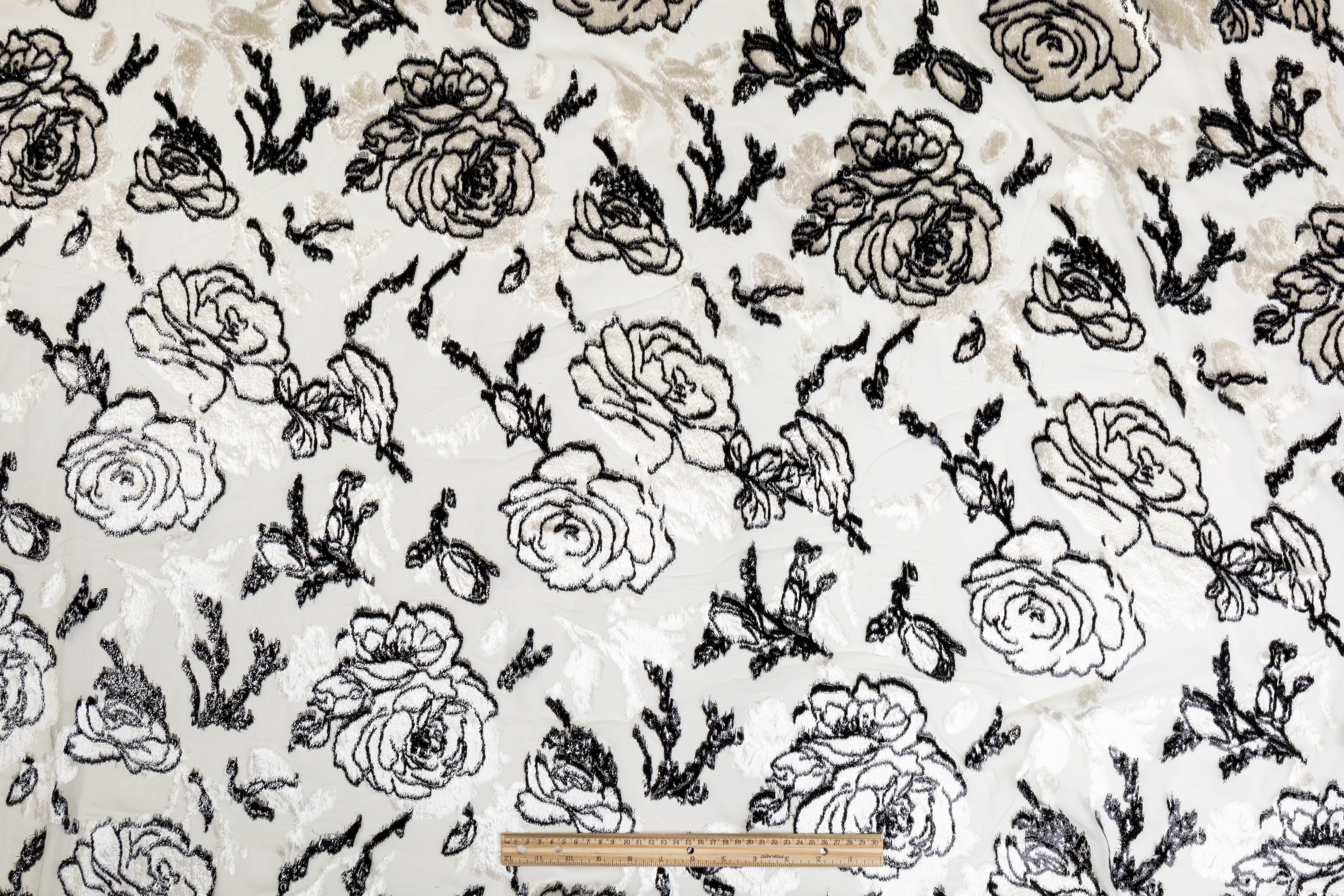 Floral Metallic Italian Silk Viscose Velvet Burnout - Black and White