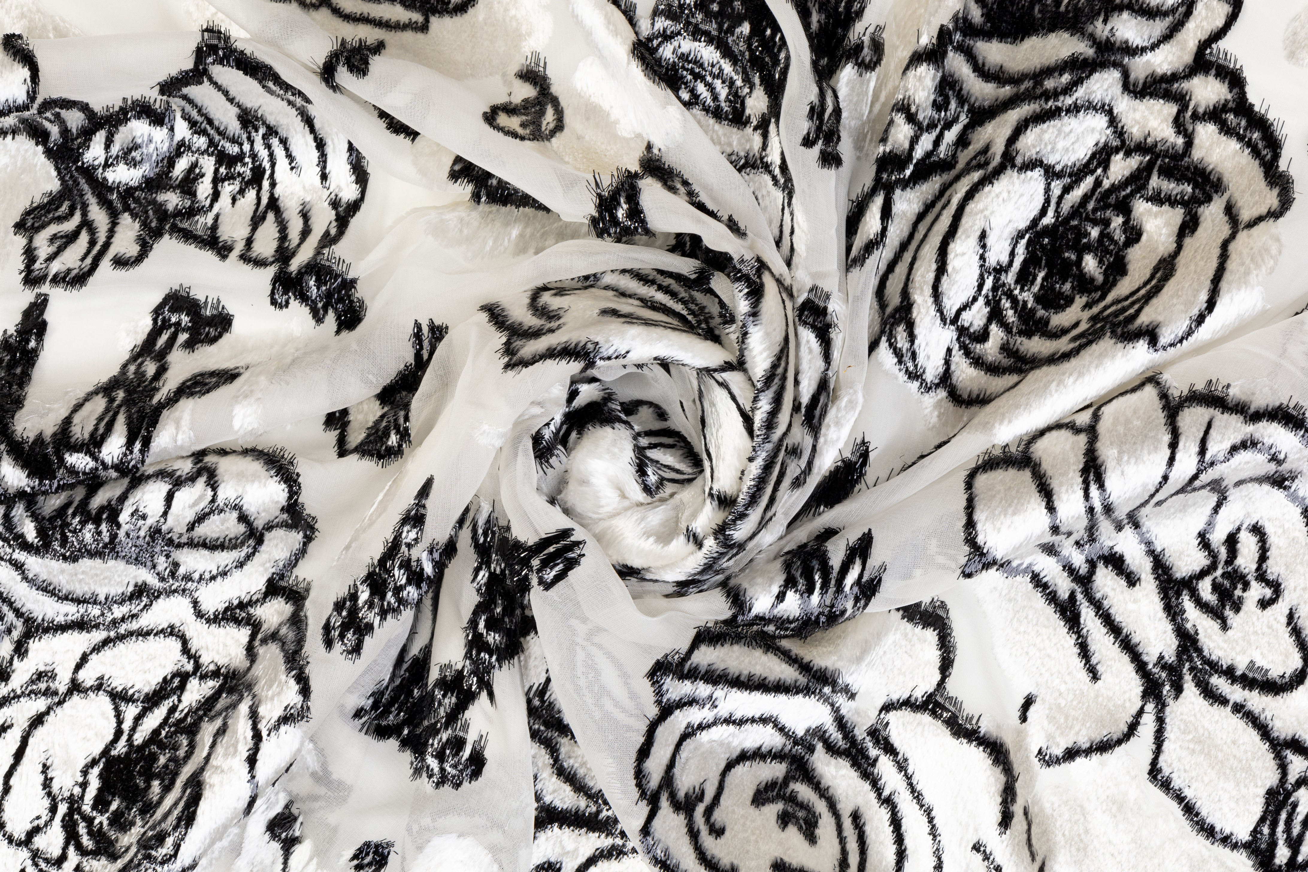 Floral Metallic Italian Silk Viscose Velvet Burnout - Black and White
