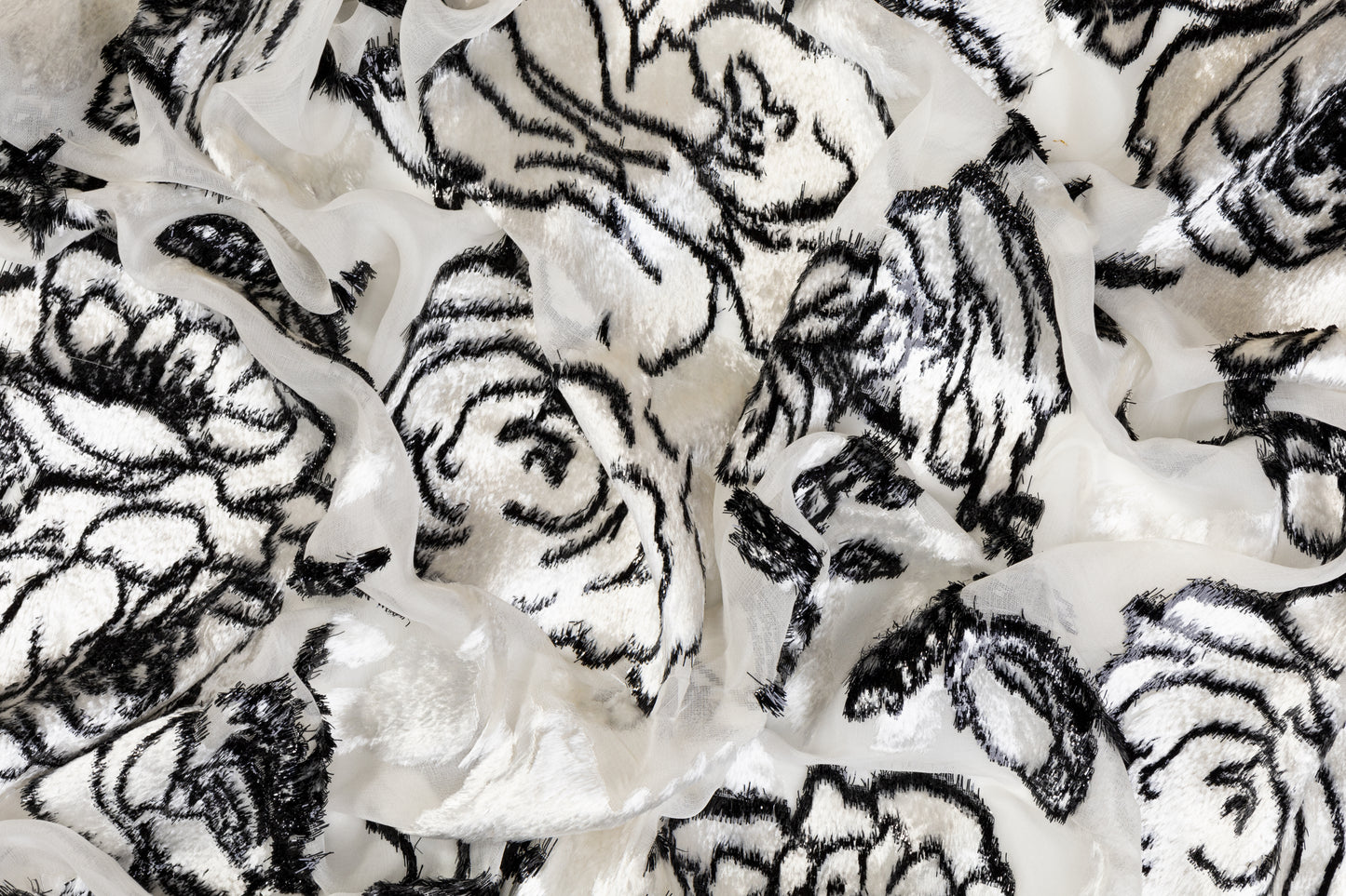 Floral Metallic Italian Silk Viscose Velvet Burnout - Black and White